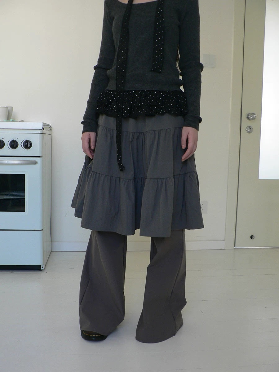 ang project Retro Minimalist Gray Spliced Skort Straight Leg Natural Waist One Size Pants