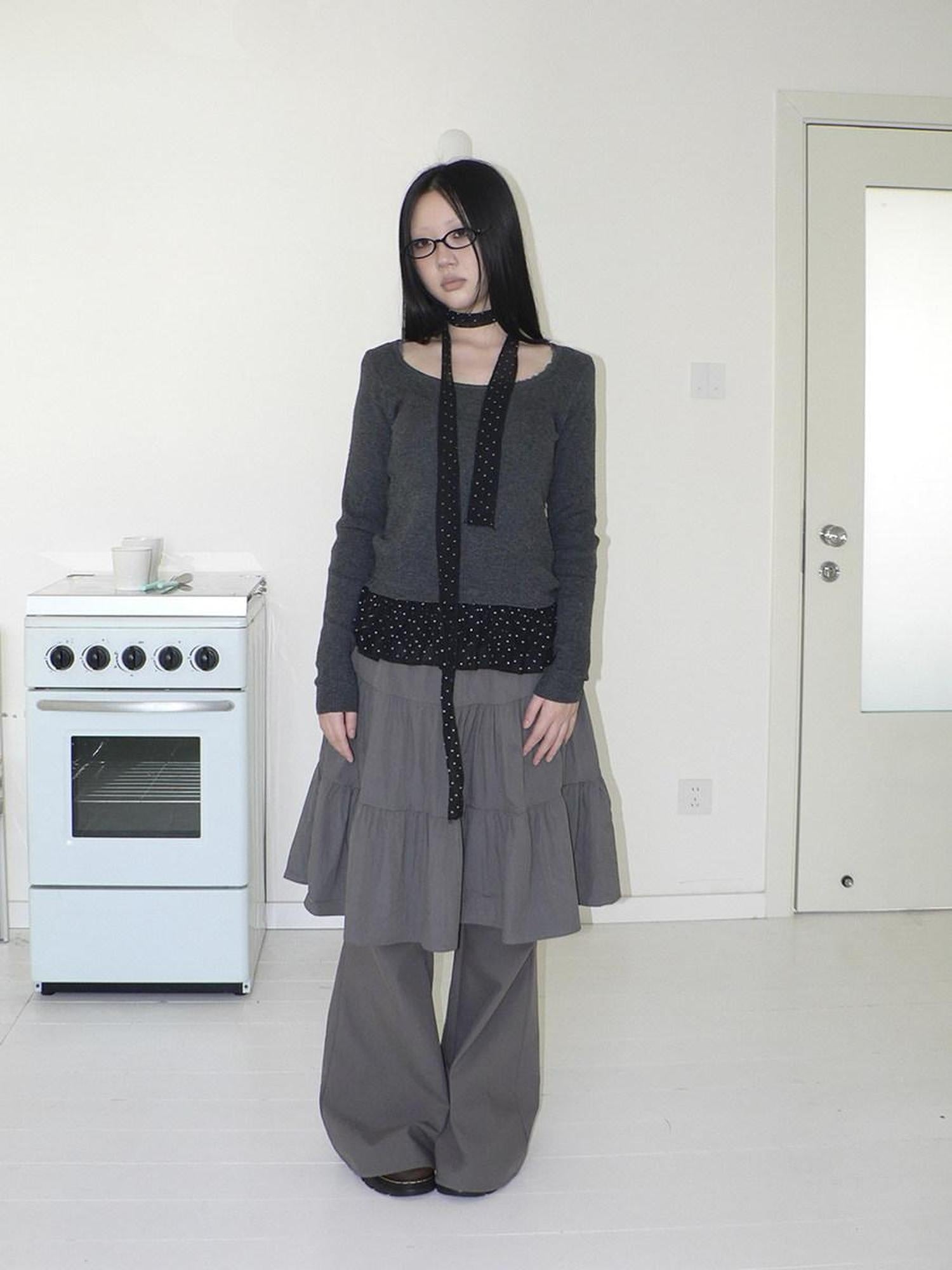 ang project Retro Minimalist Gray Spliced Skort Straight Leg Natural Waist One Size Pants