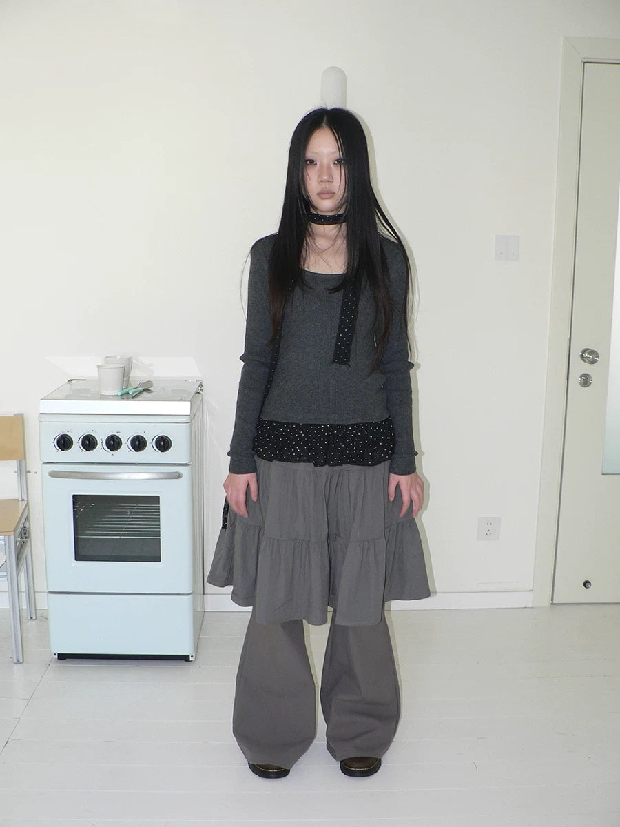 ang project Retro Minimalist Gray Spliced Skort Straight Leg Natural Waist One Size Pants