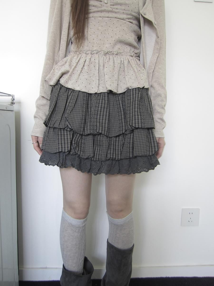 ang project Retro Patchwork Lace Plaid Ruffled Tiered Women&