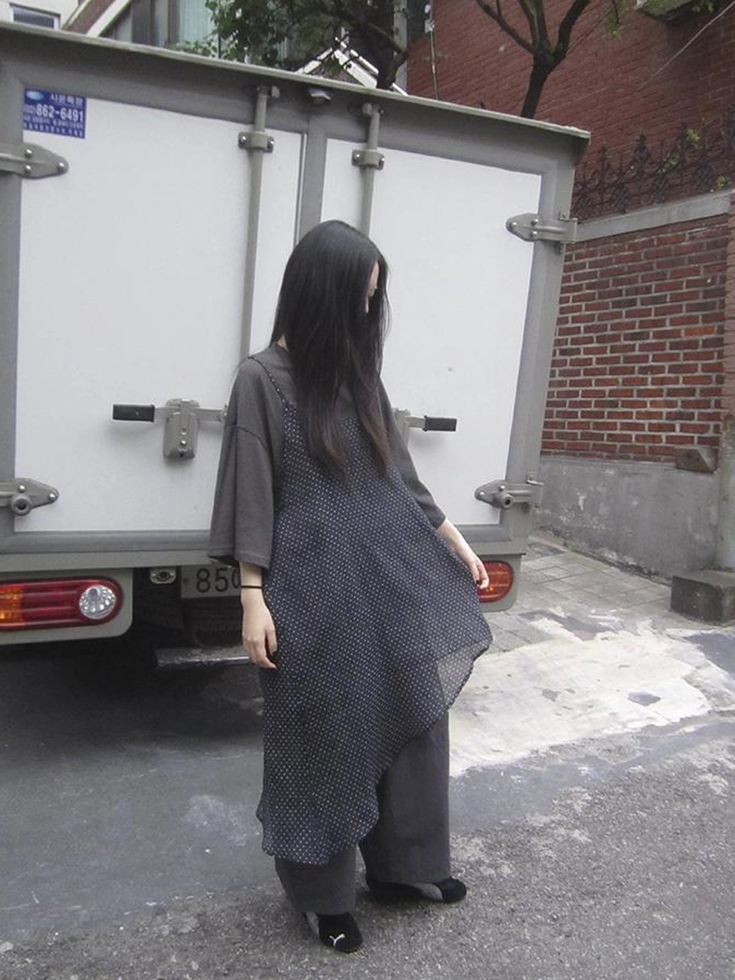 Retro Polka Dot Print Asymmetrical Layered Slip Dress V-neck Long-Sleeve