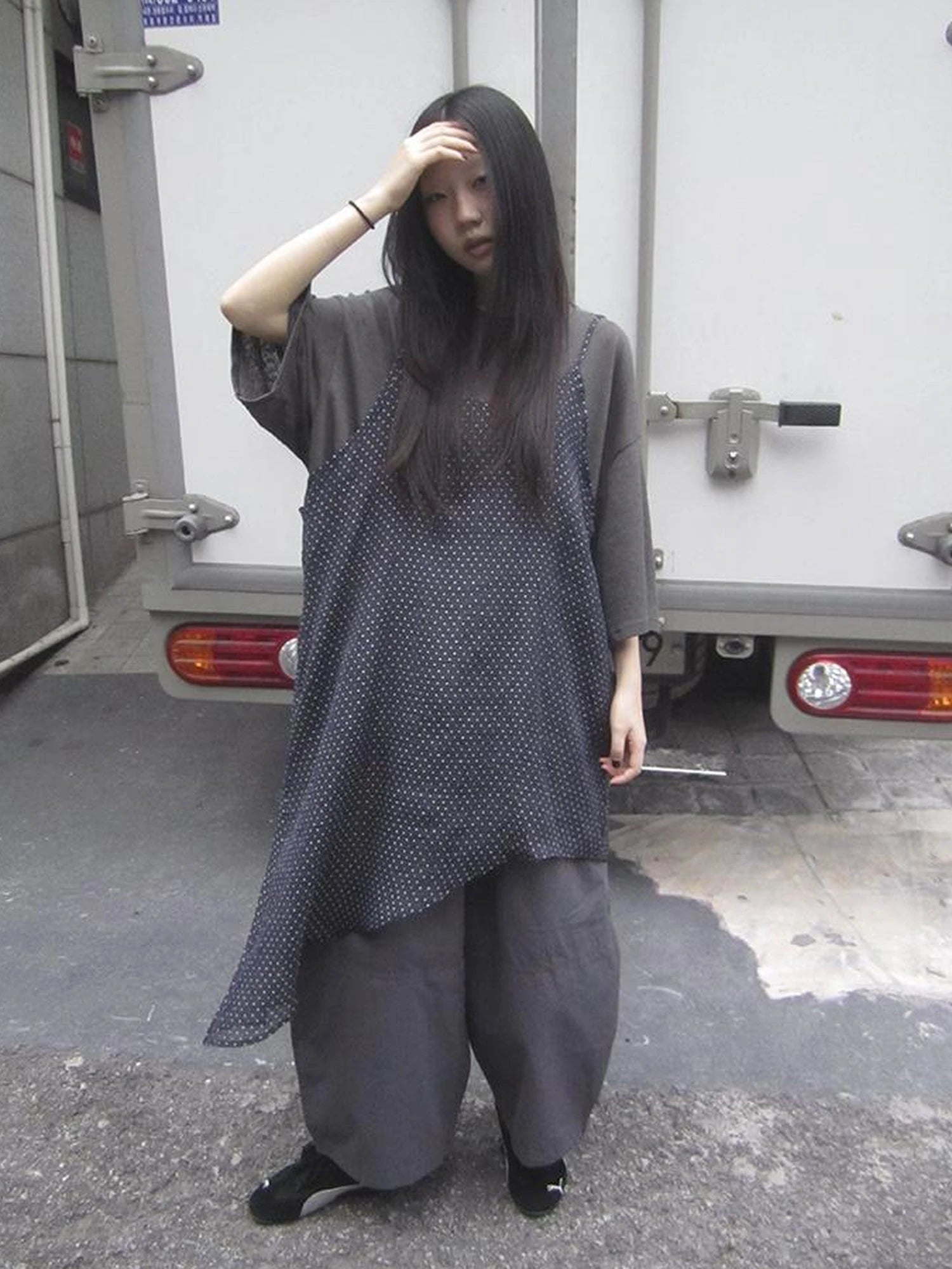 Retro Polka Dot Print Asymmetrical Layered Slip Dress V-neck Long-Sleeve