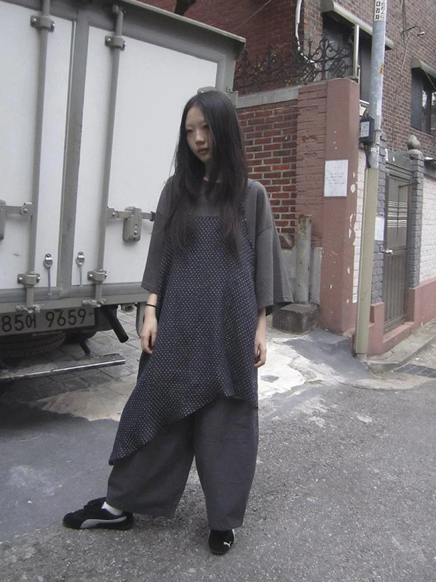 Retro Polka Dot Print Asymmetrical Layered Slip Dress V-neck Long-Sleeve