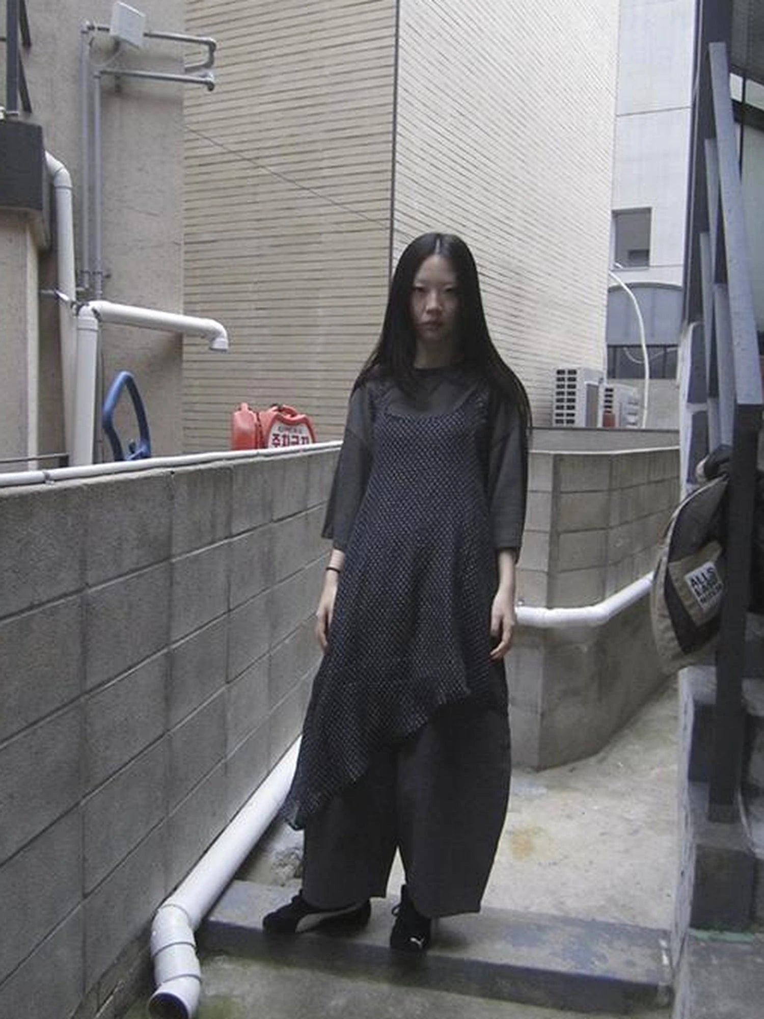 Retro Polka Dot Print Asymmetrical Layered Slip Dress V-neck Long-Sleeve