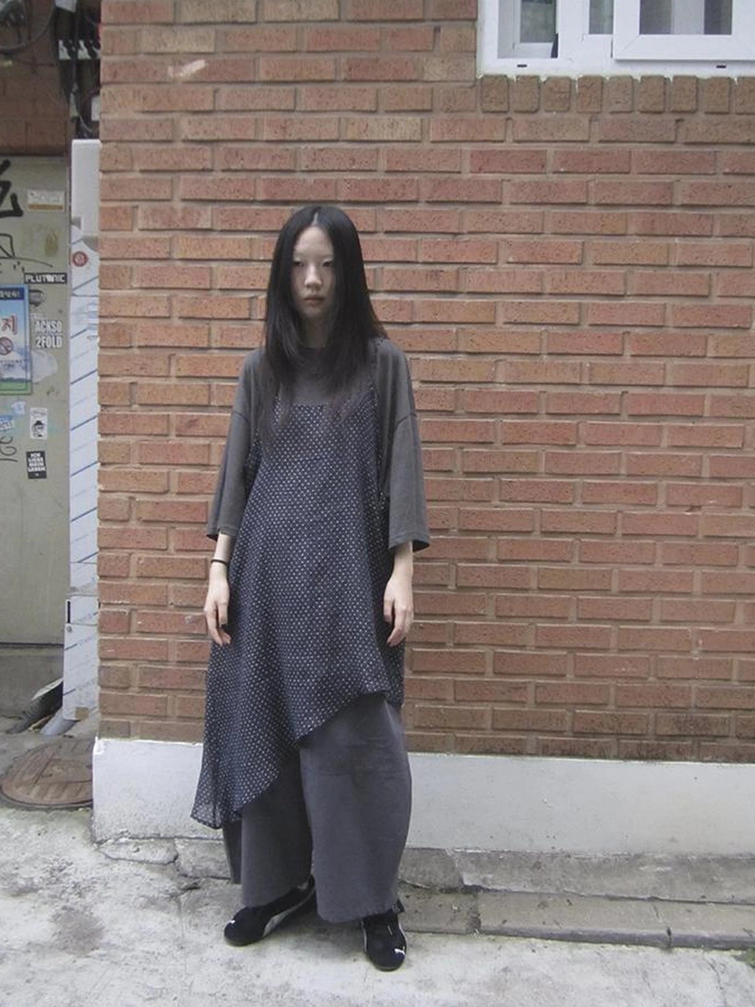 Retro Polka Dot Print Asymmetrical Layered Slip Dress V-neck Long-Sleeve