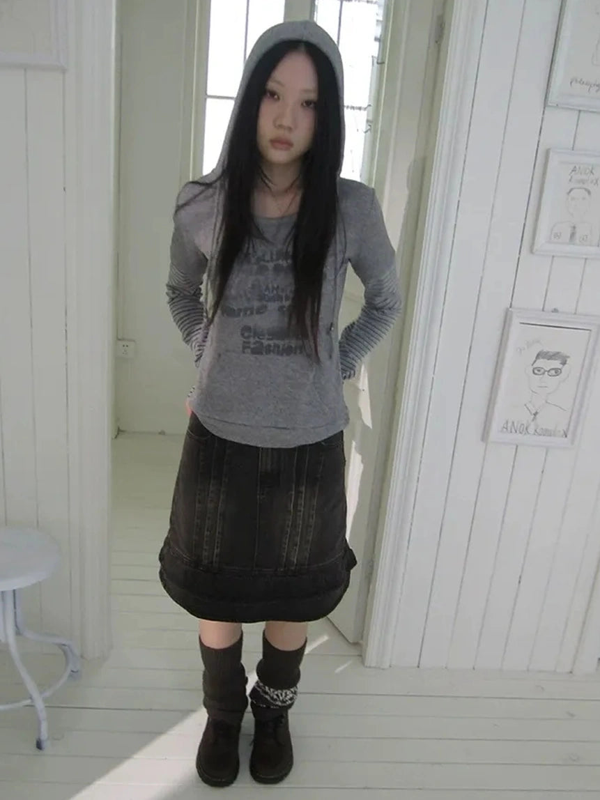 ang project Retro Print Hooded Stripe Long Sleeve T-shirt T-shirt