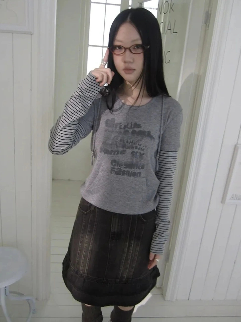 ang project Retro Print Hooded Stripe Long Sleeve T-shirt T-shirt