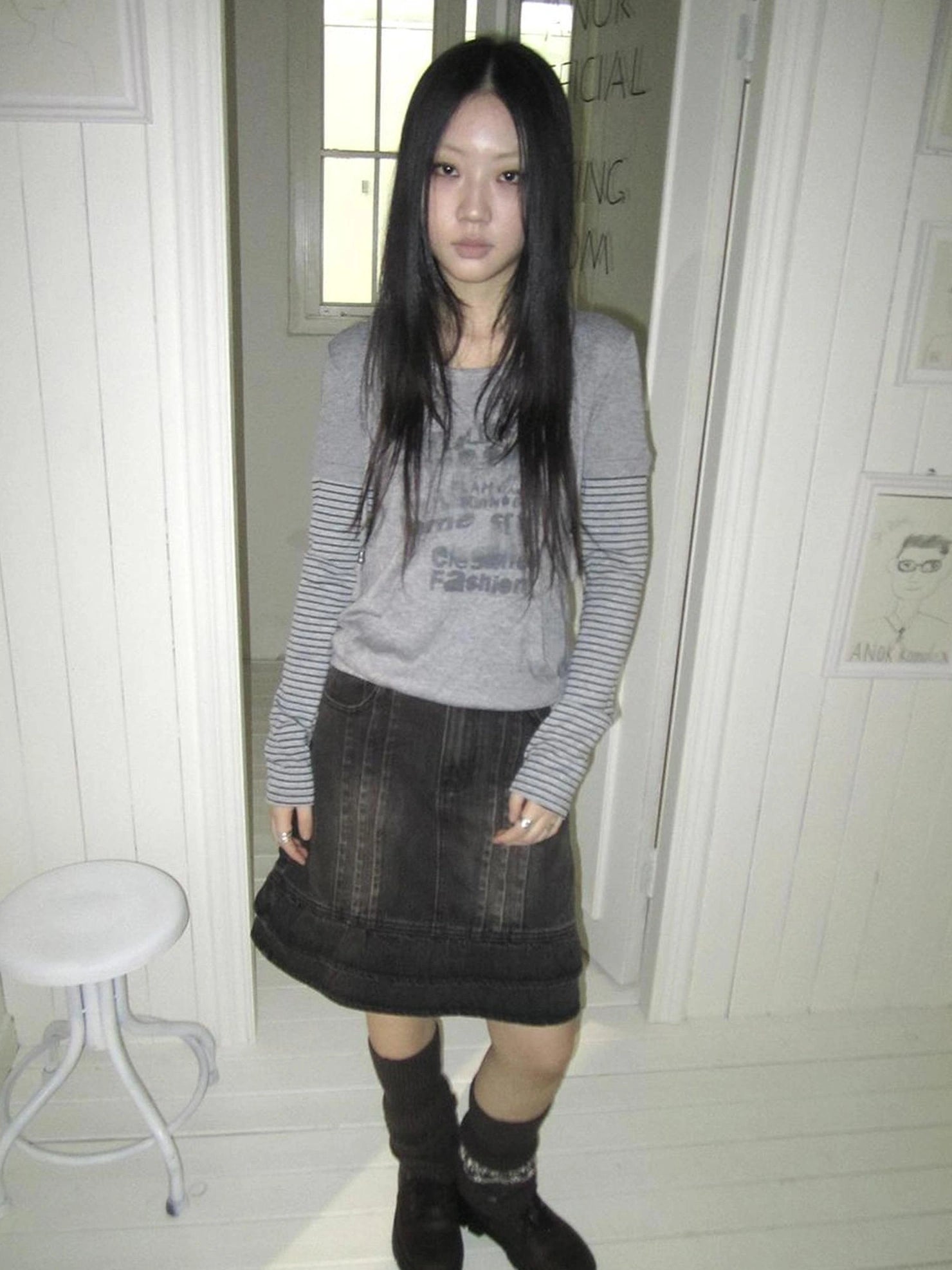 ang project Retro Print Hooded Stripe Long Sleeve T-shirt T-shirt