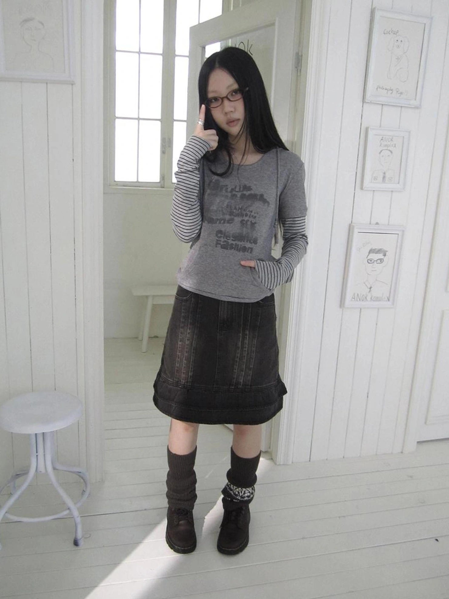 ang project Retro Print Hooded Stripe Long Sleeve T-shirt T-shirt