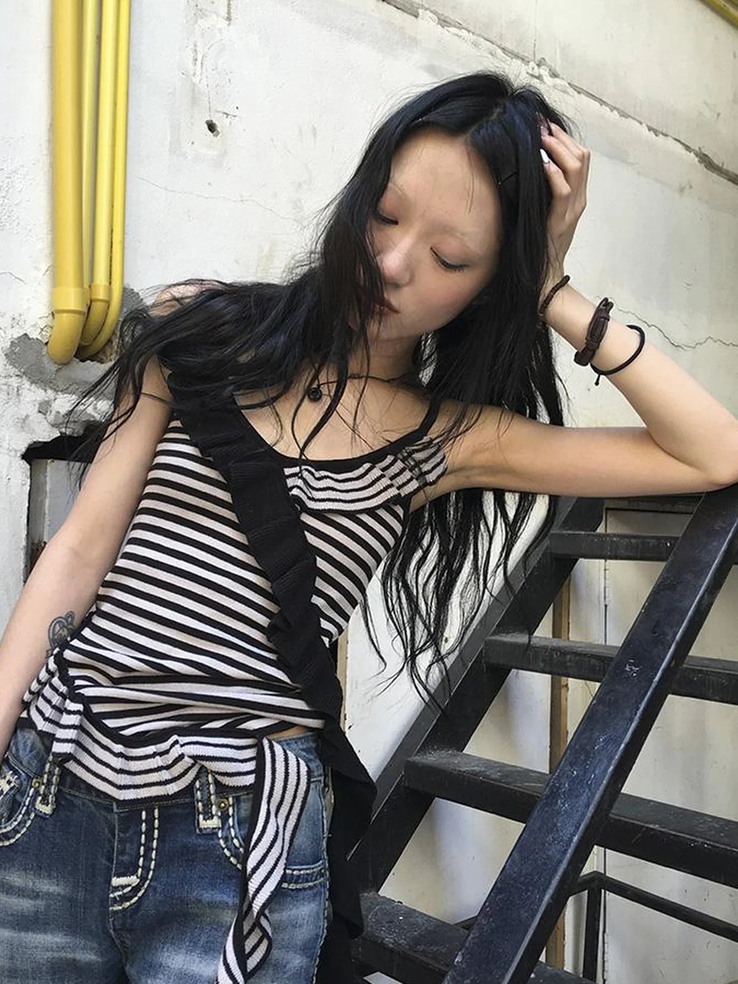 Retro Ribbon Trimmed Black And Gray Striped Knit Camisole Top