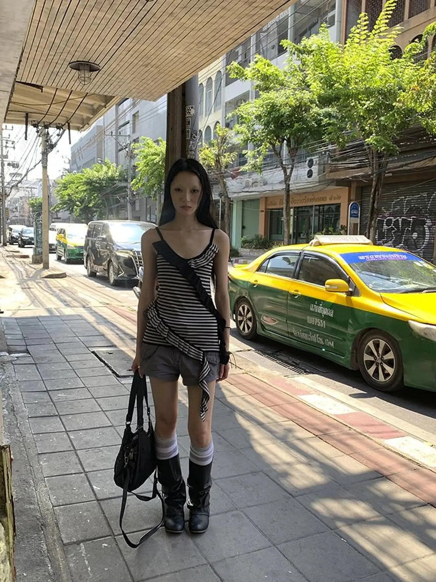 Retro Ribbon Trimmed Black And Gray Striped Knit Camisole Top