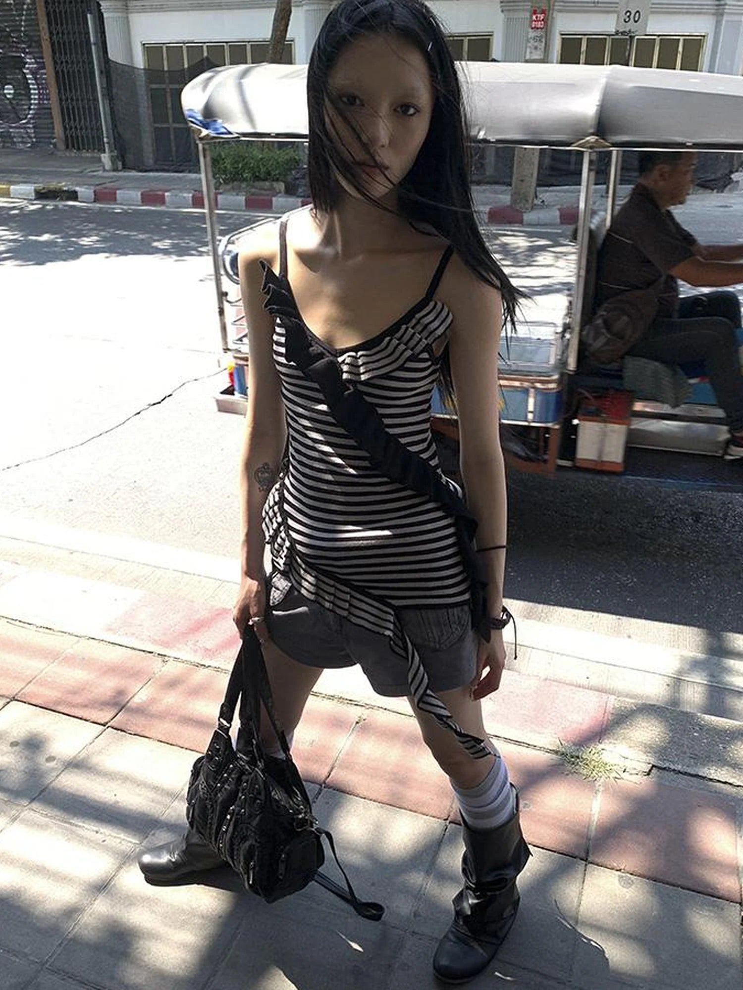 Retro Ribbon Trimmed Black And Gray Striped Knit Camisole Top