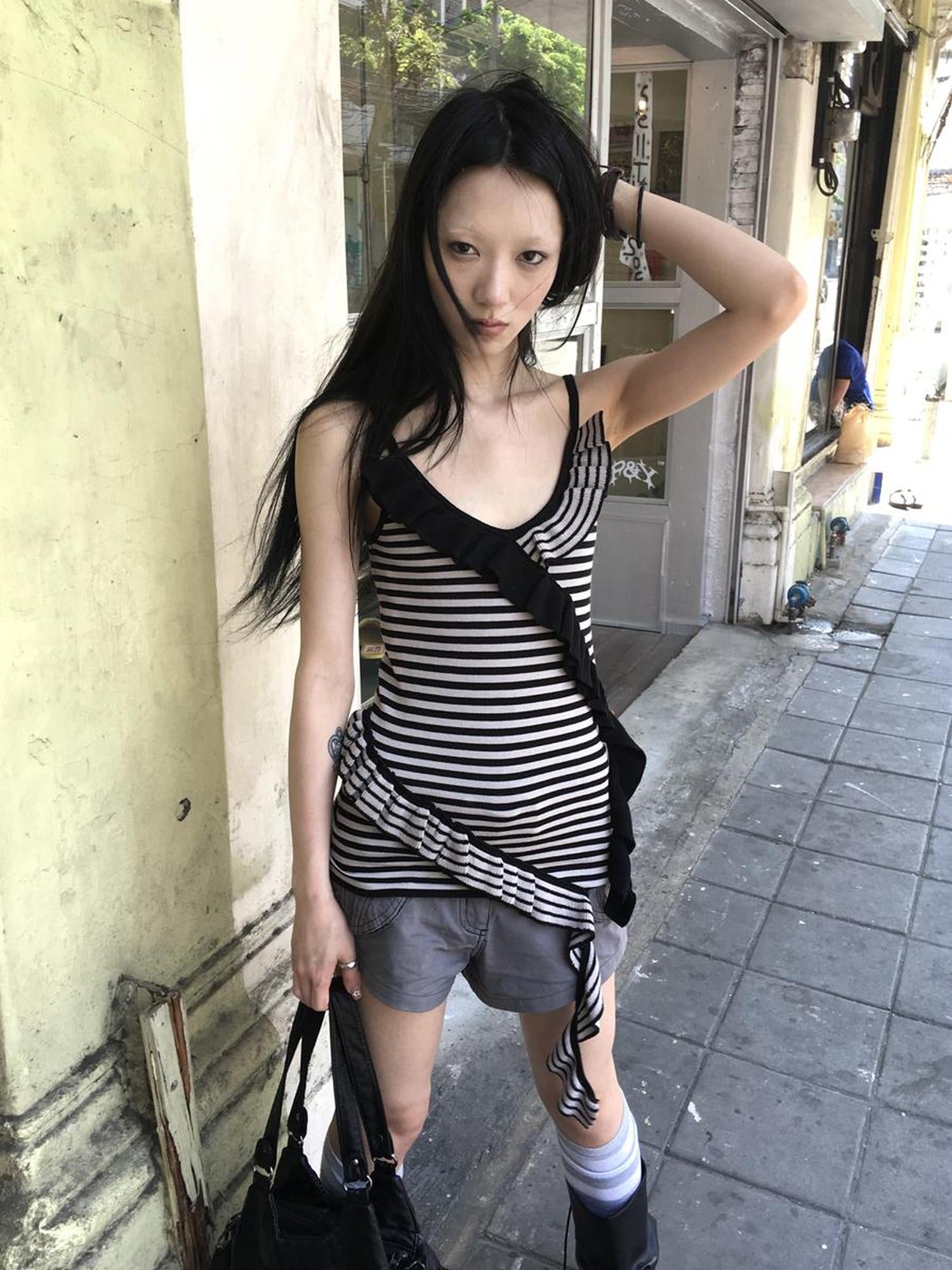 Updateang project Retro Ribbon Trimmed Black And Gray Striped Knit Camisole Top