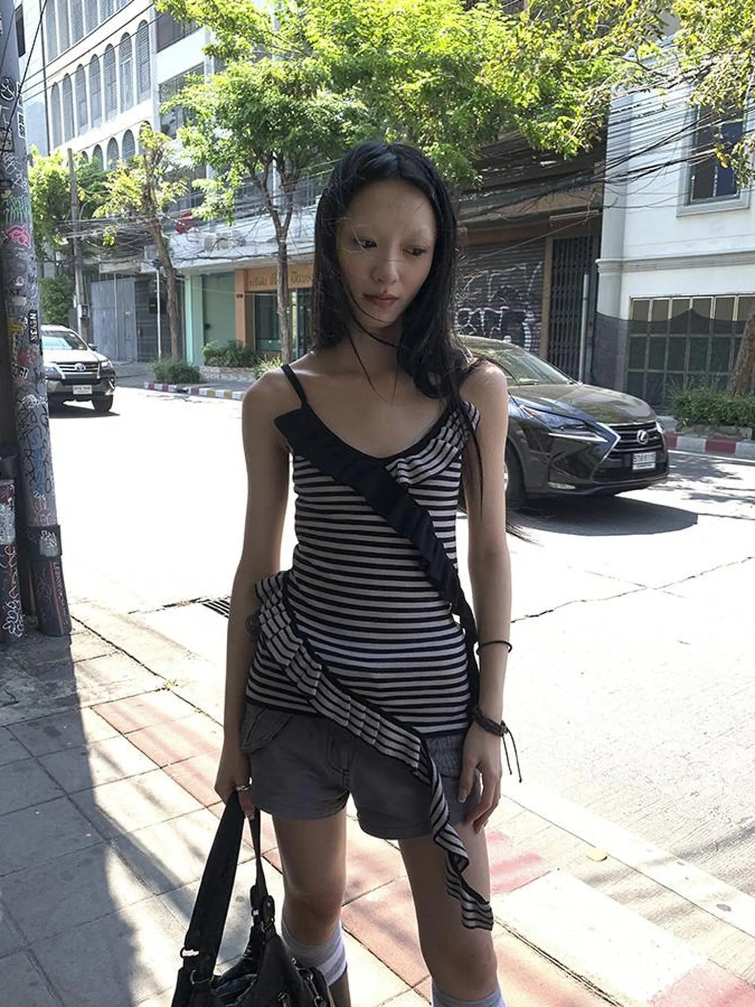 Retro Ribbon Trimmed Black And Gray Striped Knit Camisole Top