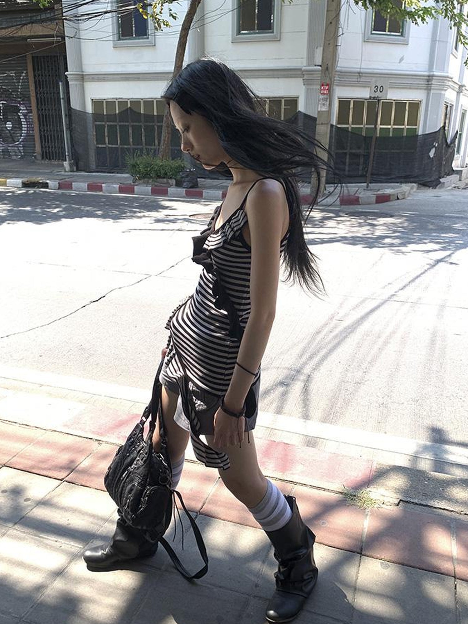 Updateang project Retro Ribbon Trimmed Black And Gray Striped Knit Camisole Top