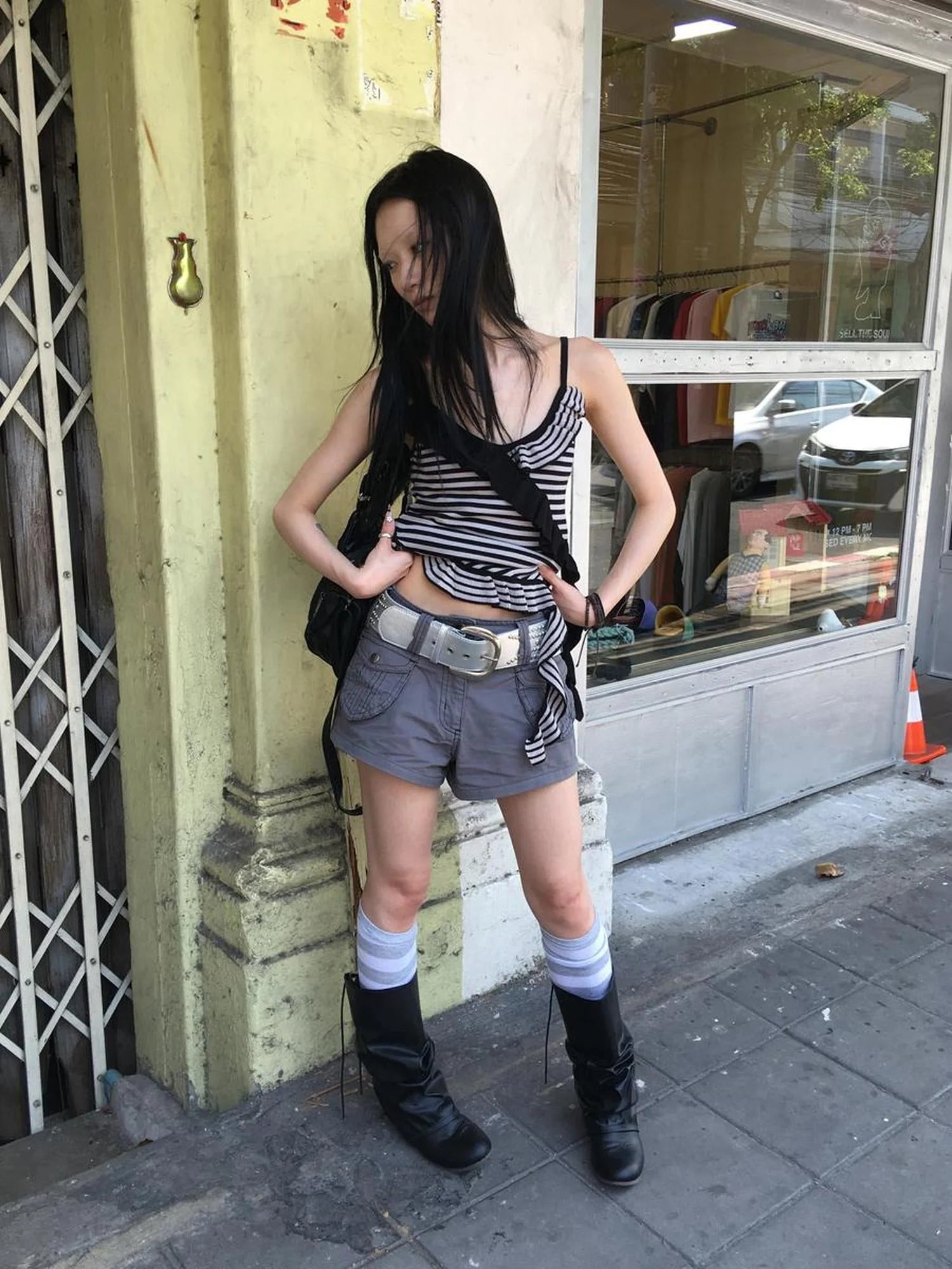 Retro Ribbon Trimmed Black And Gray Striped Knit Camisole Top