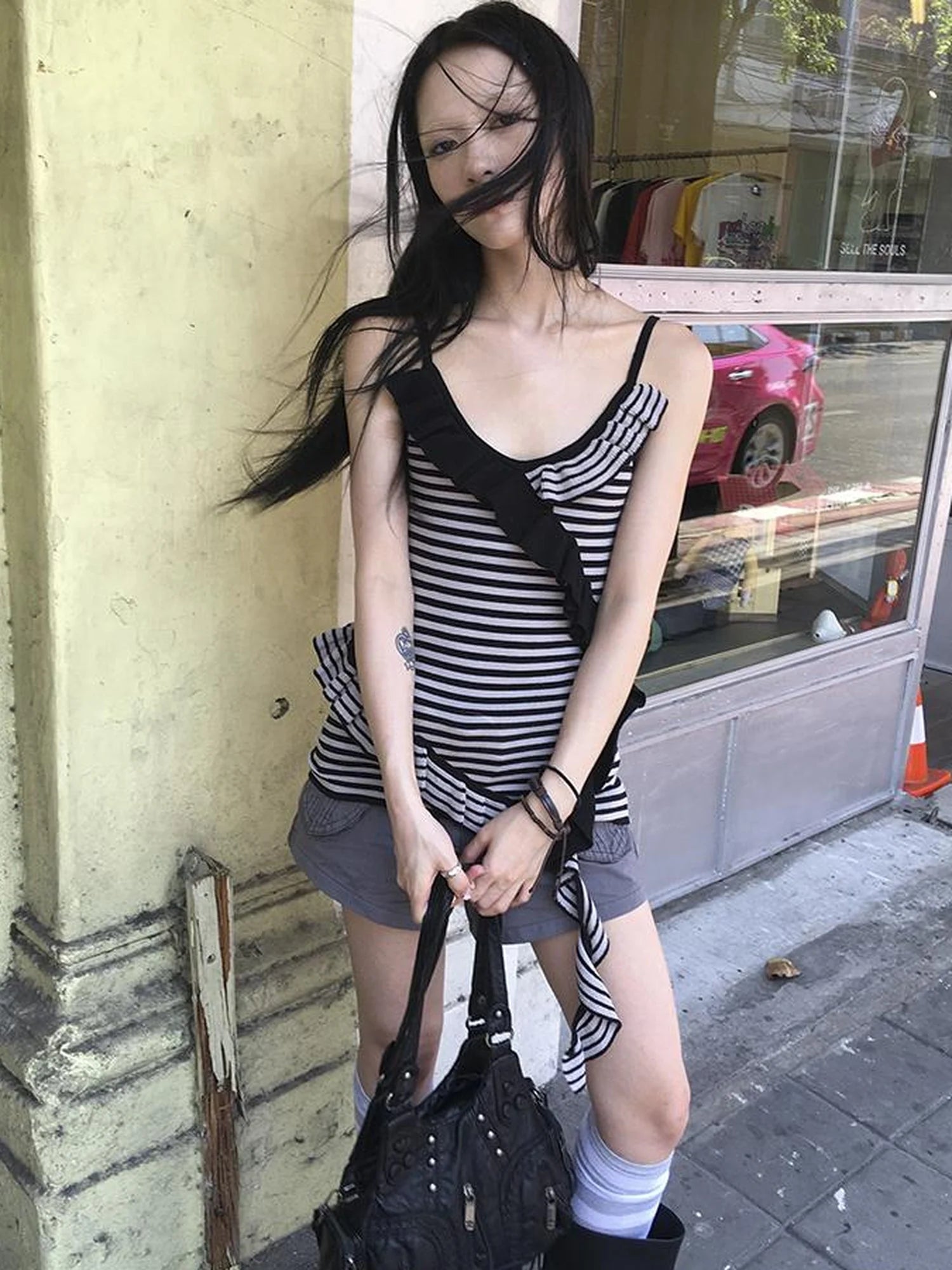 Retro Ribbon Trimmed Black And Gray Striped Knit Camisole Top