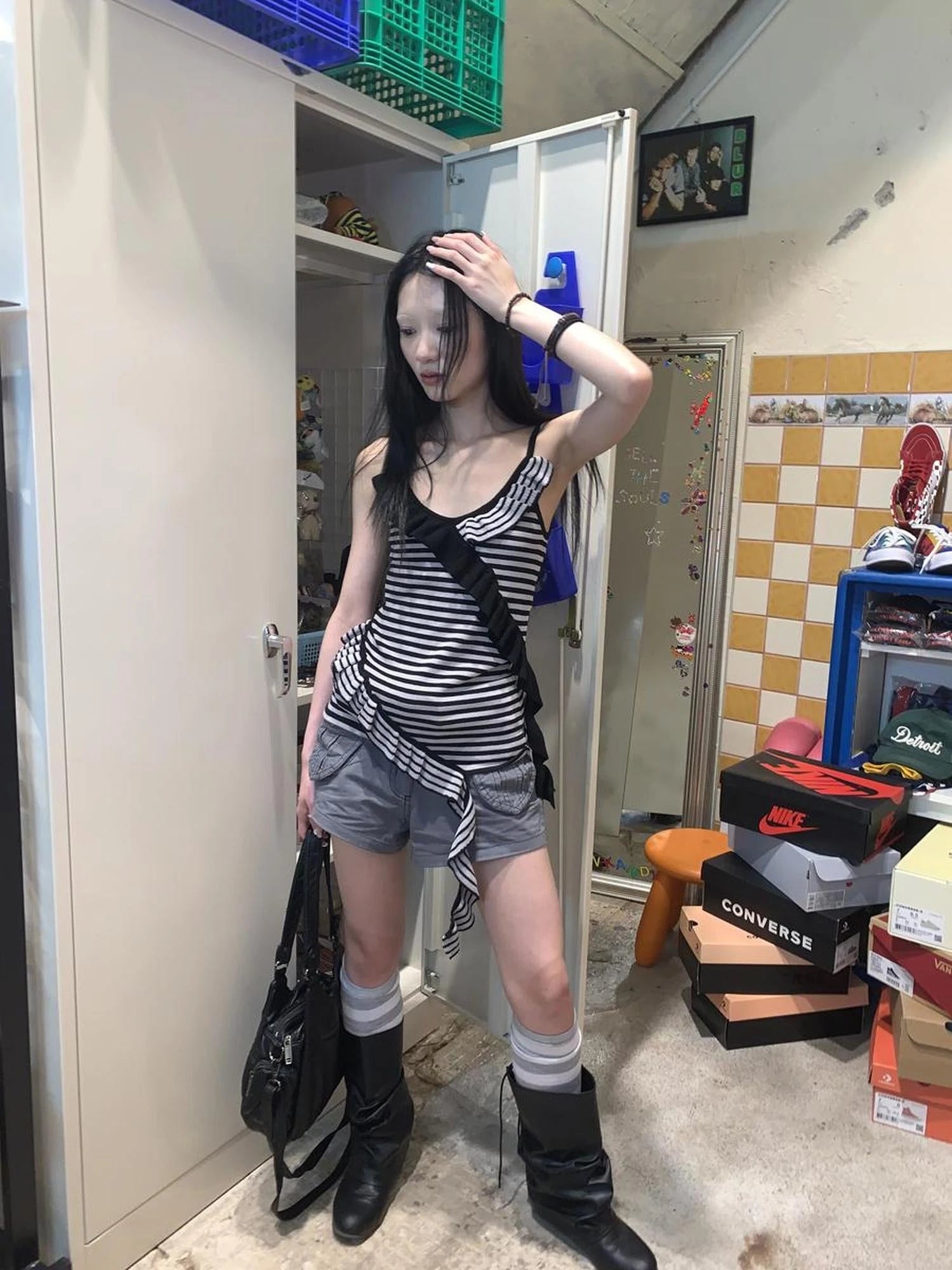 Retro Ribbon Trimmed Black And Gray Striped Knit Camisole Top