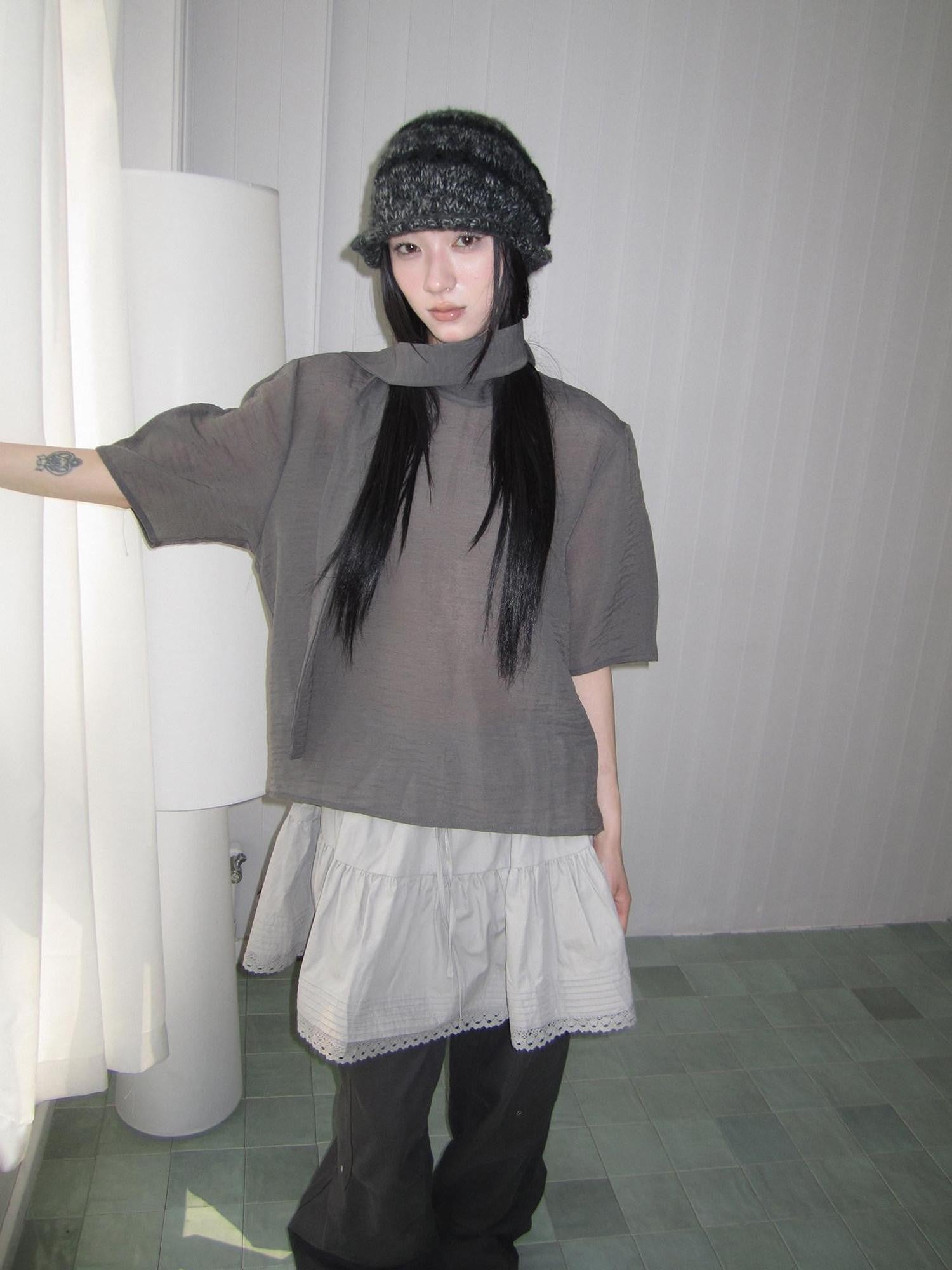 ang project Retro Stand Collar Pullover With Neck Scarf Women&