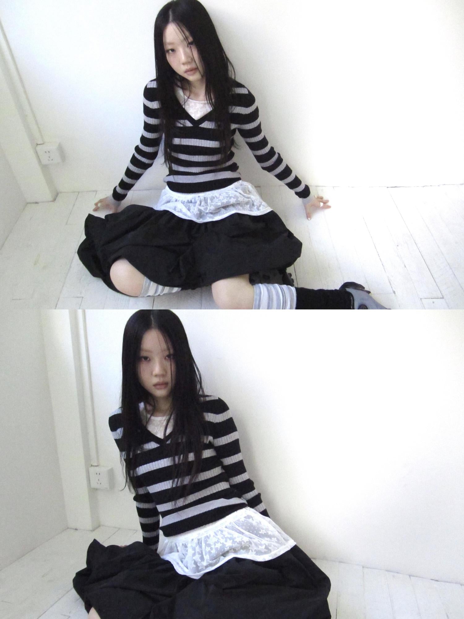 Updateang project Retro Stripe Colorblock V-Neck Slimming Knit Top