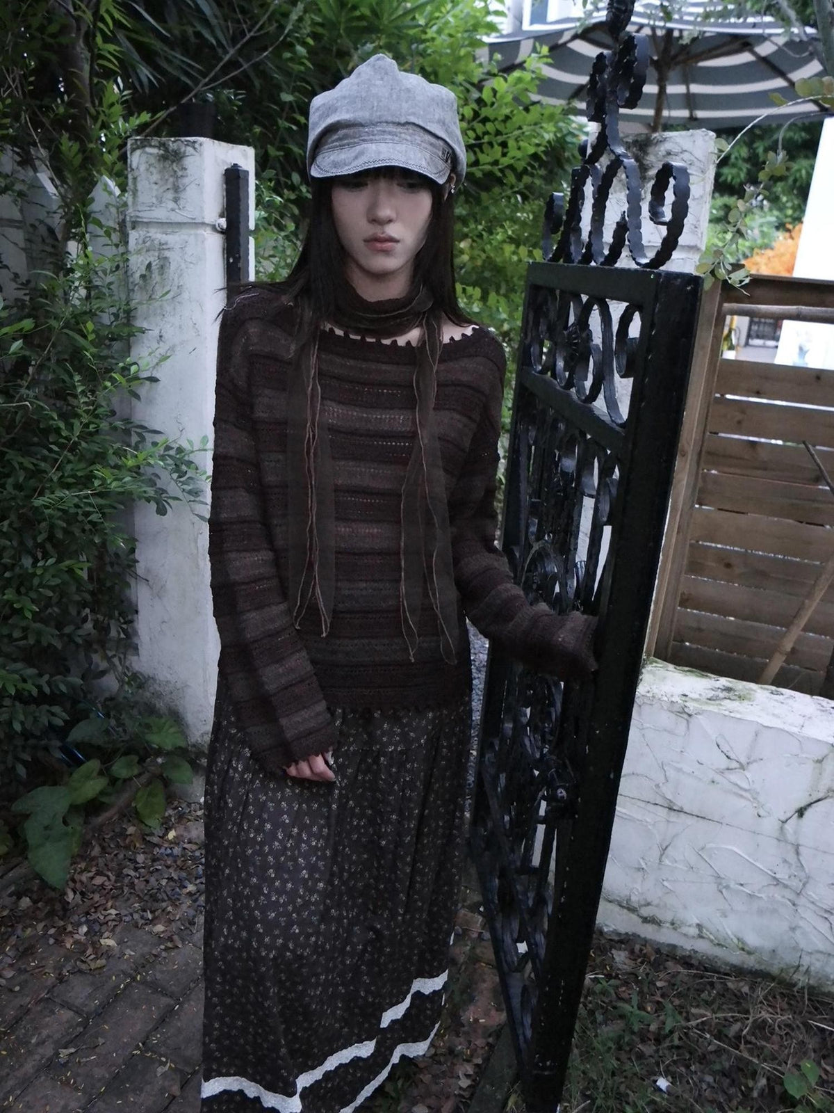 ang project Retro Striped Hollow Out Long Sleeve Women&