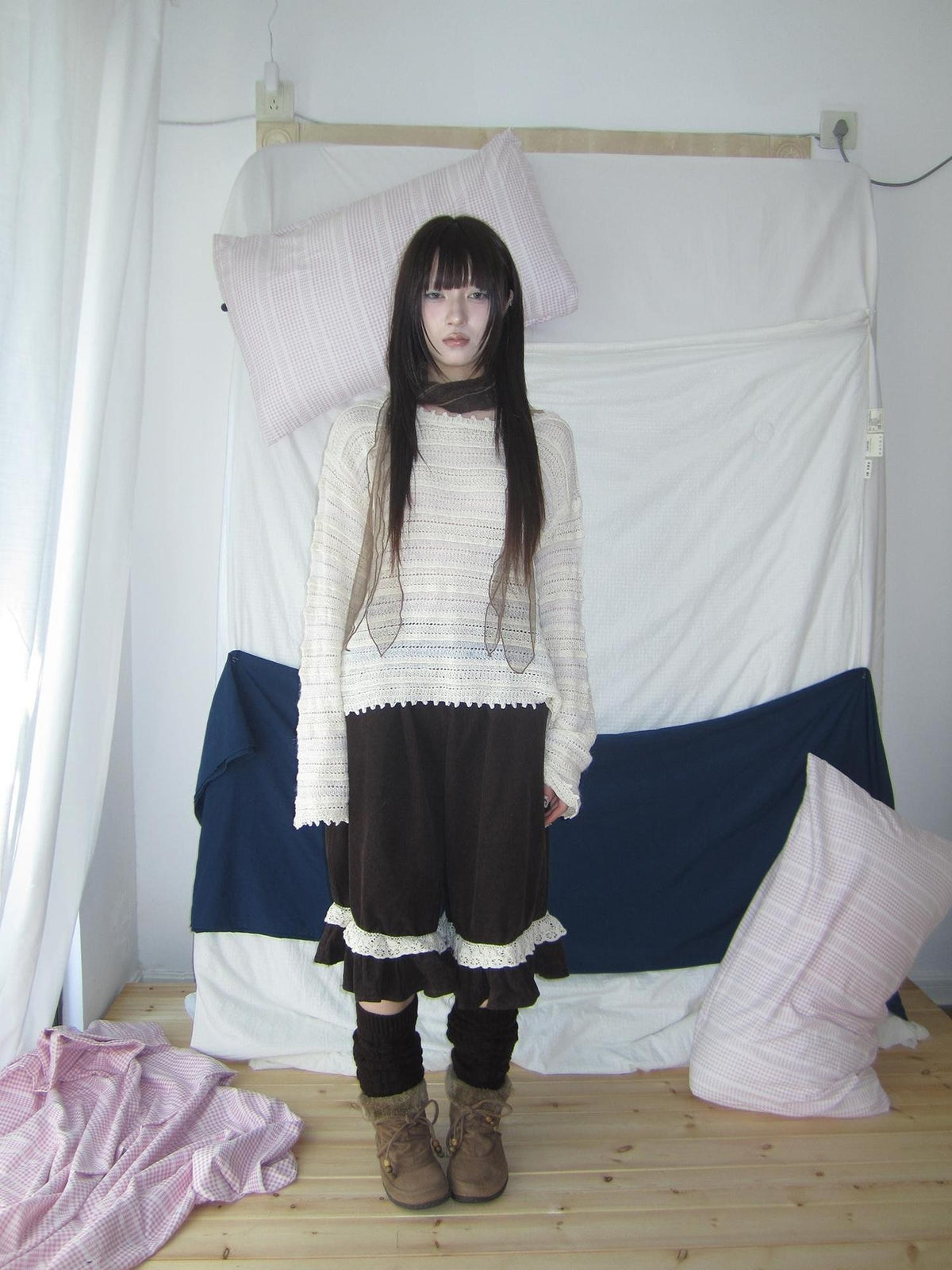 ang project Retro Striped Hollow Out Long Sleeve Women&