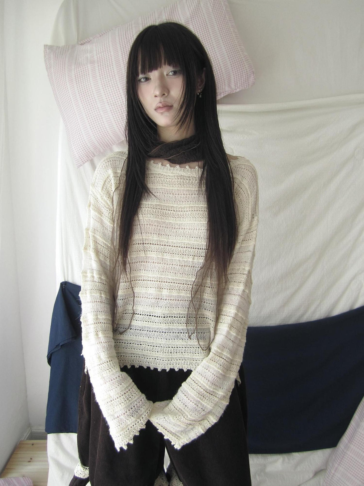 ang project Retro Striped Hollow Out Long Sleeve Women&