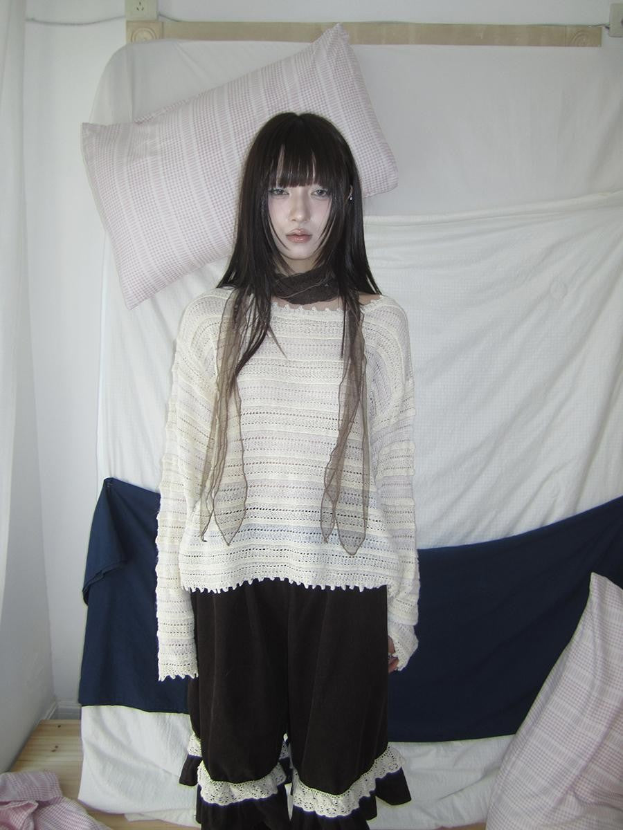 ang project Retro Striped Hollow Out Long Sleeve Women&