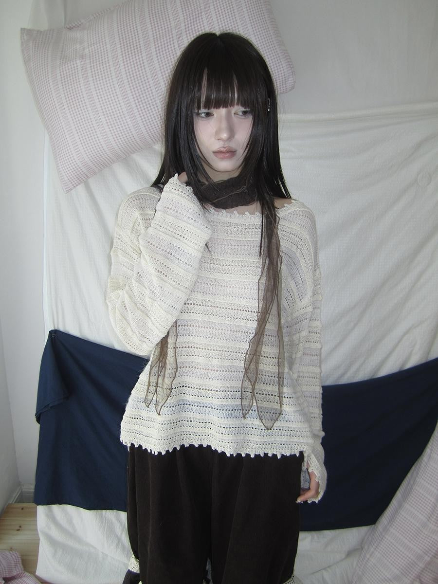 ang project Retro Striped Hollow Out Long Sleeve Women&