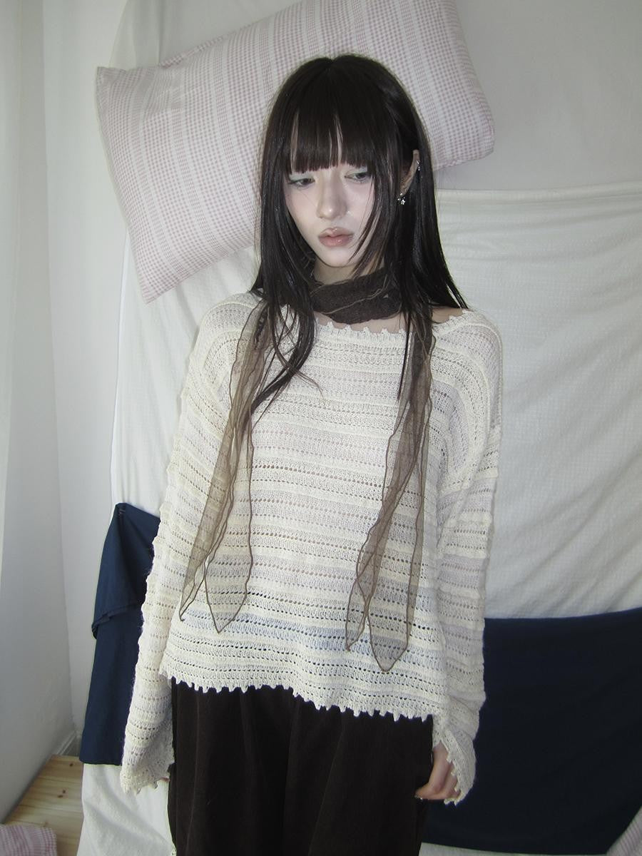 ang project Retro Striped Hollow Out Long Sleeve Women&