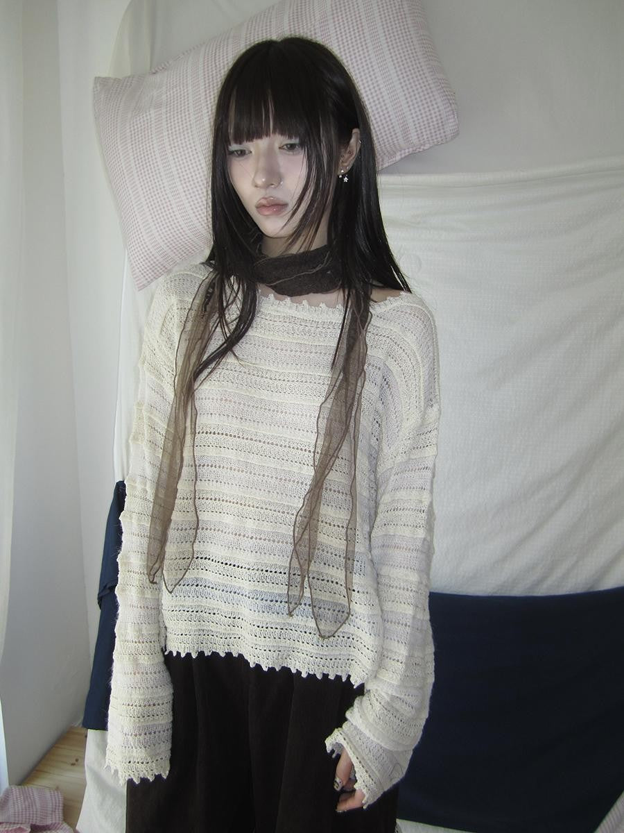 ang project Retro Striped Hollow Out Long Sleeve Women&