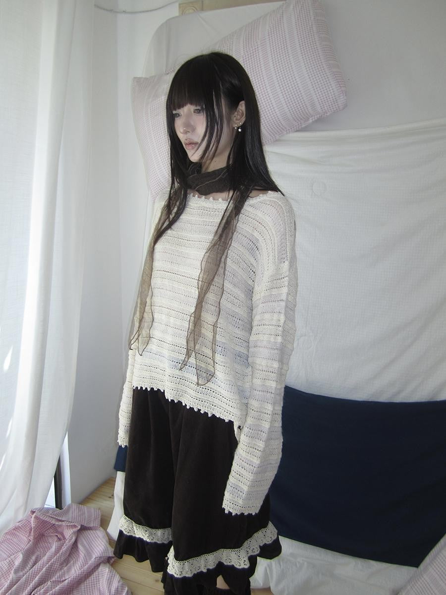 ang project Retro Striped Hollow Out Long Sleeve Women&