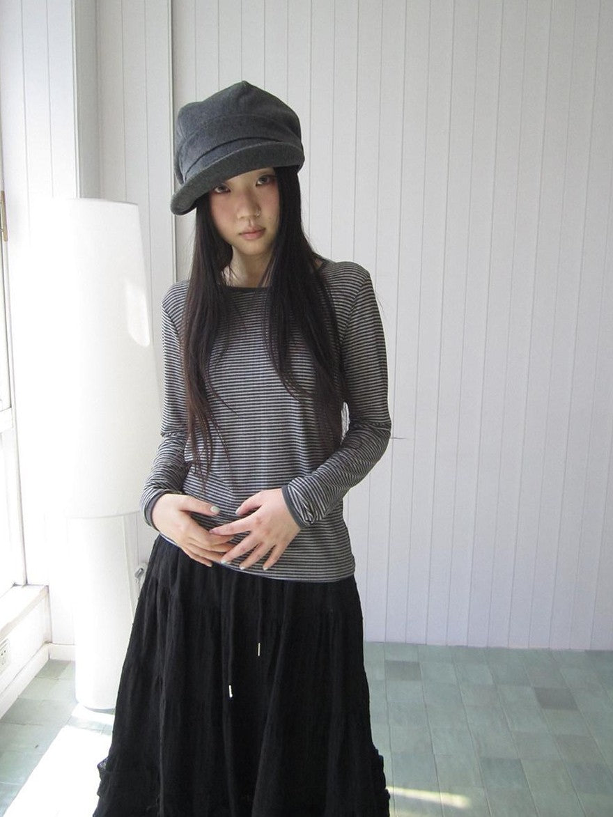ang project Retro Striped Round Neck Slim Cropped Long Sleeve Women&