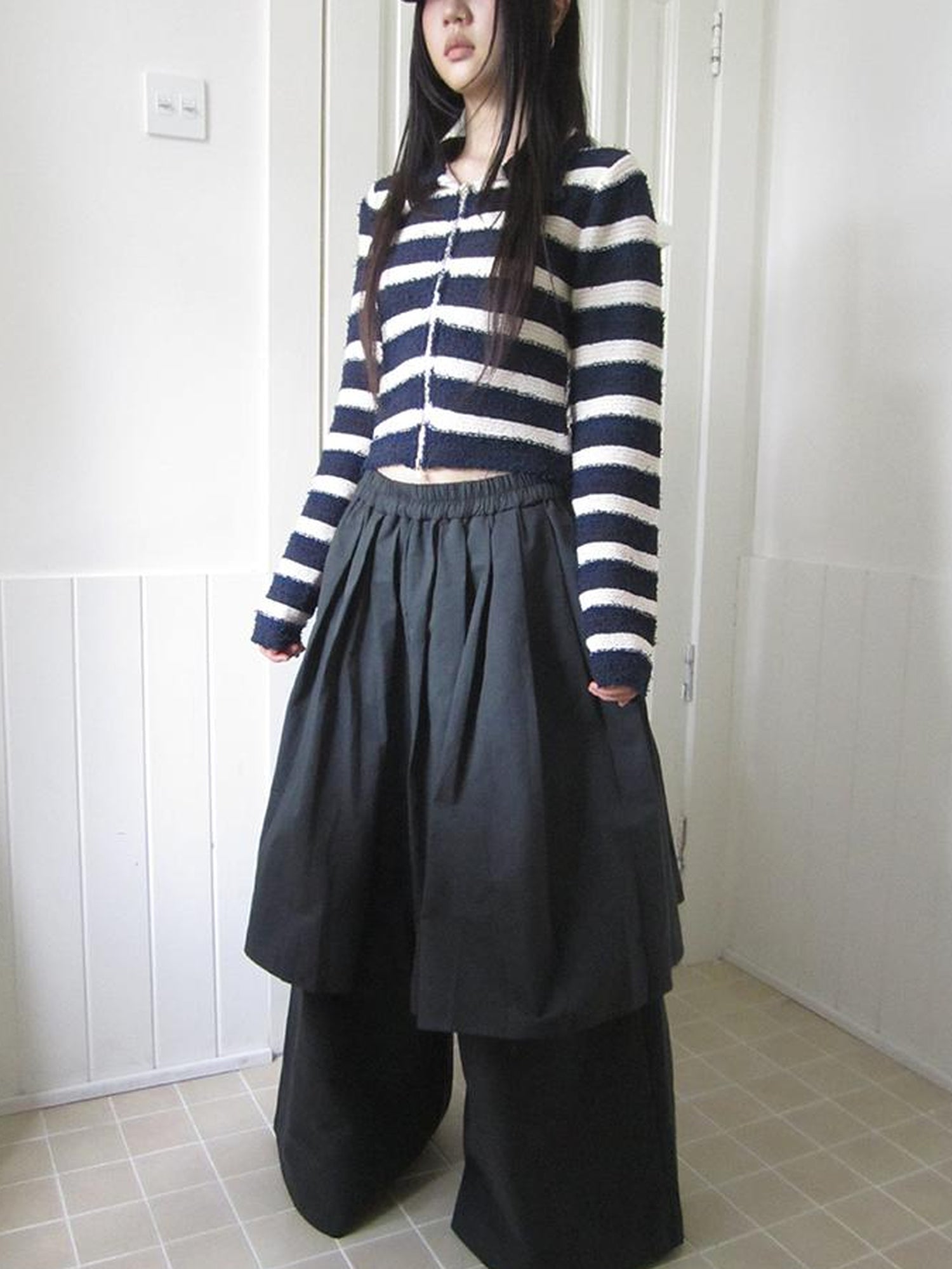 ang project Retro Two Tier Pleated Wide Leg Pant Skirt
