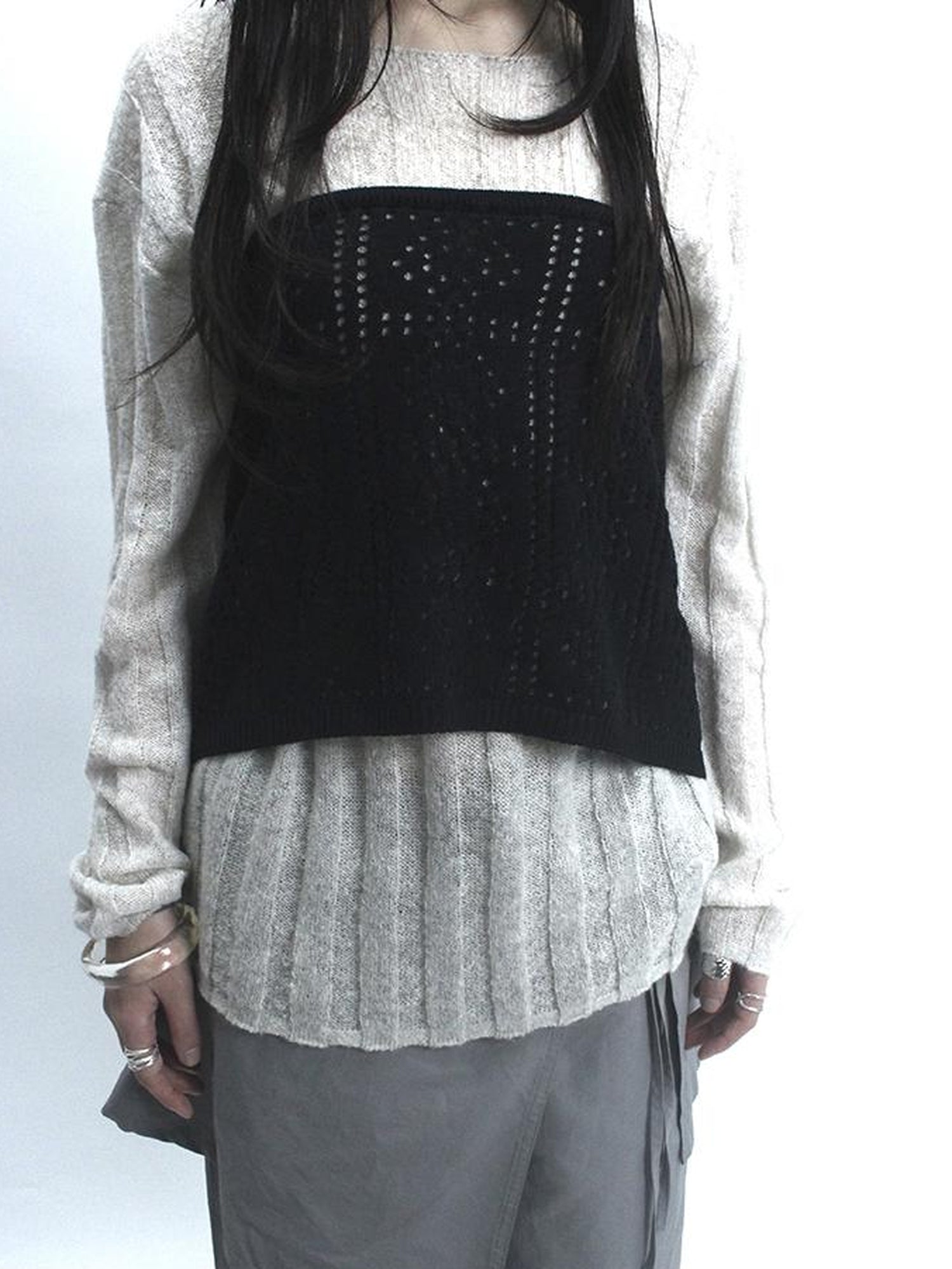 Updateang project Retro V-Neck Double Layer Knit Crossover Bodysuit With Lace Up