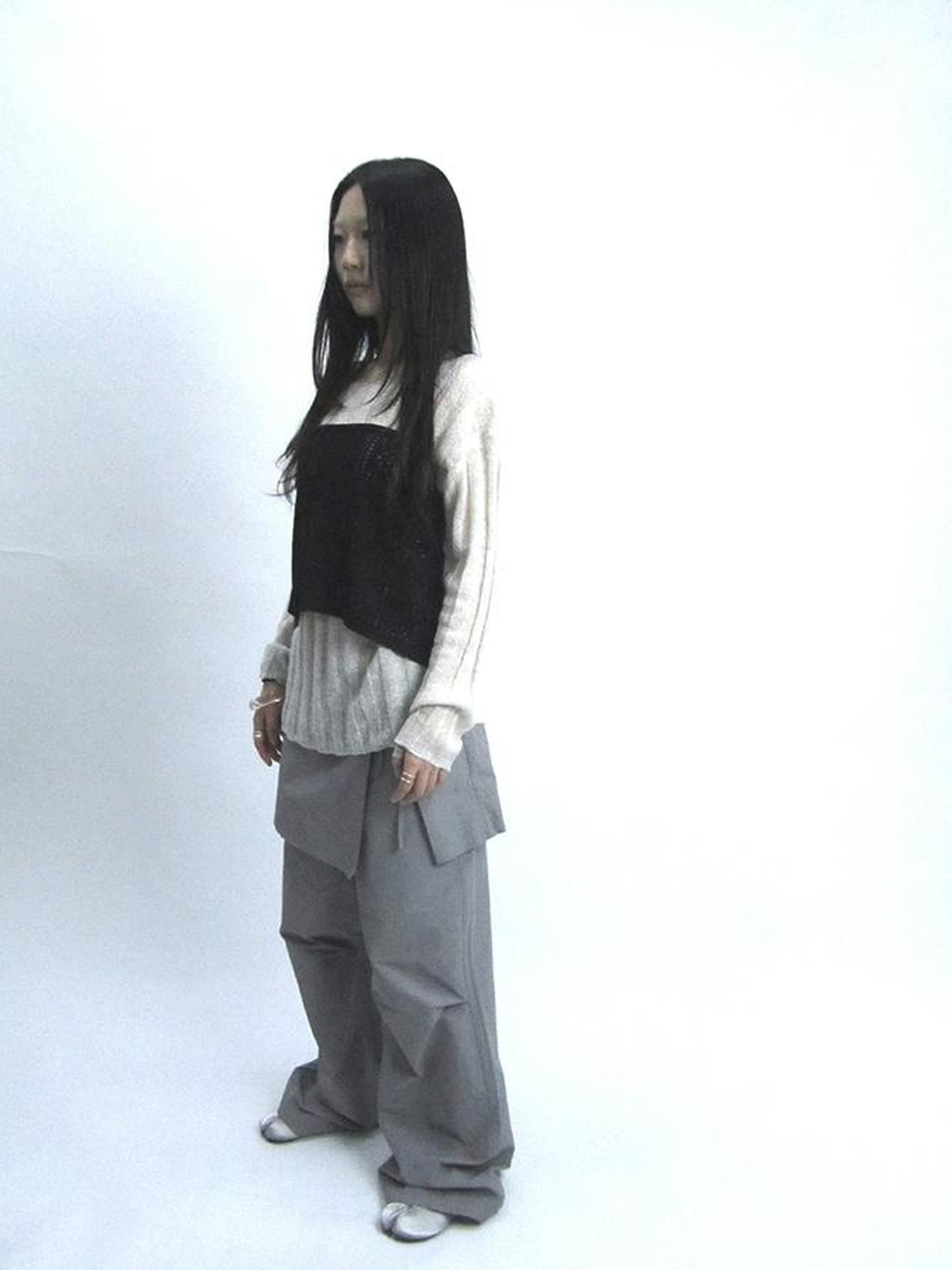 Updateang project Retro V-Neck Double Layer Knit Crossover Bodysuit With Lace Up