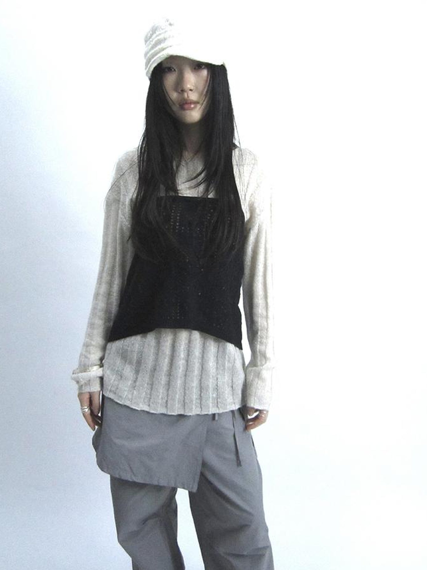Updateang project Retro V-Neck Double Layer Knit Crossover Bodysuit With Lace Up