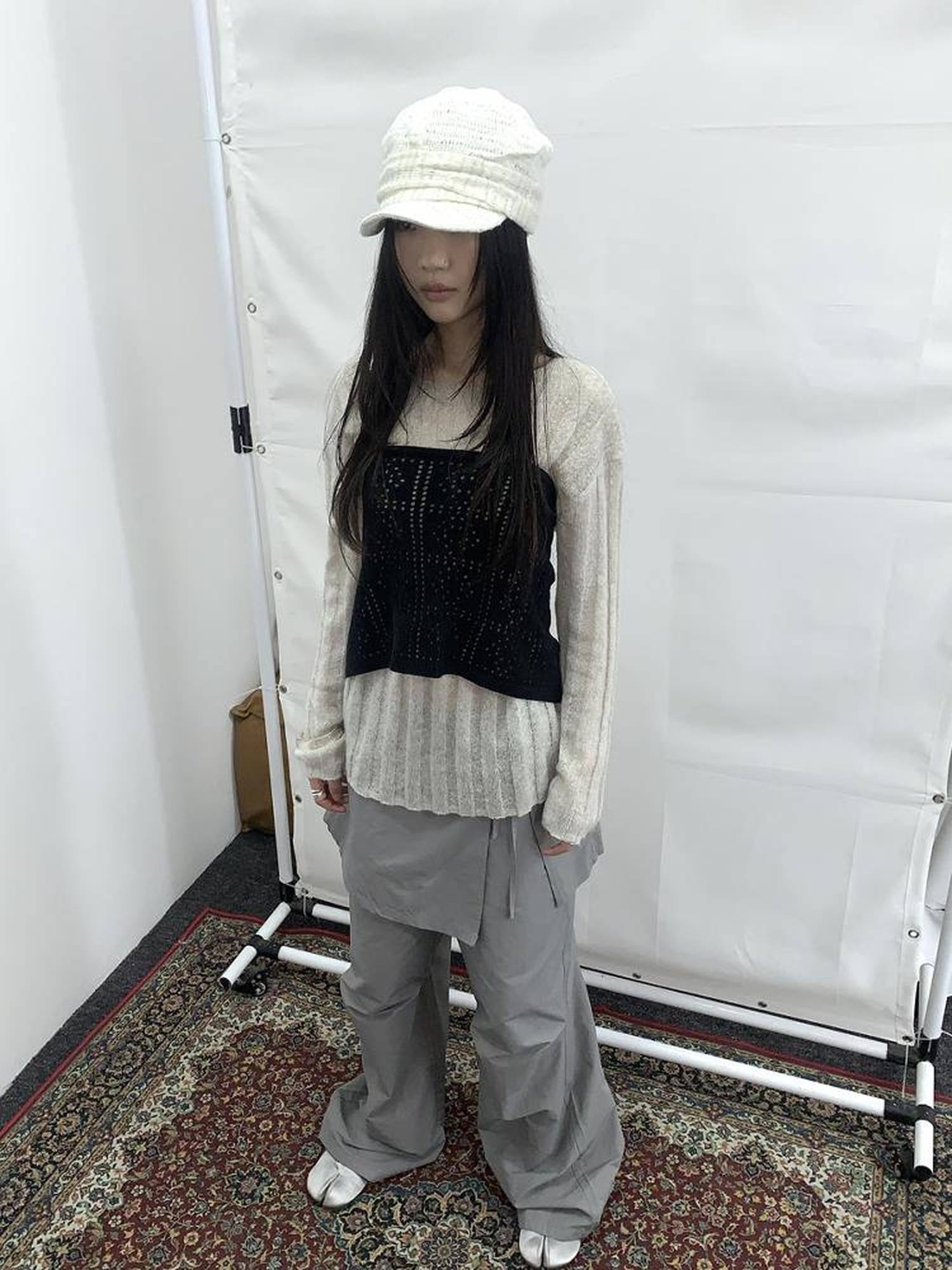Updateang project Retro V-Neck Double Layer Knit Crossover Bodysuit With Lace Up