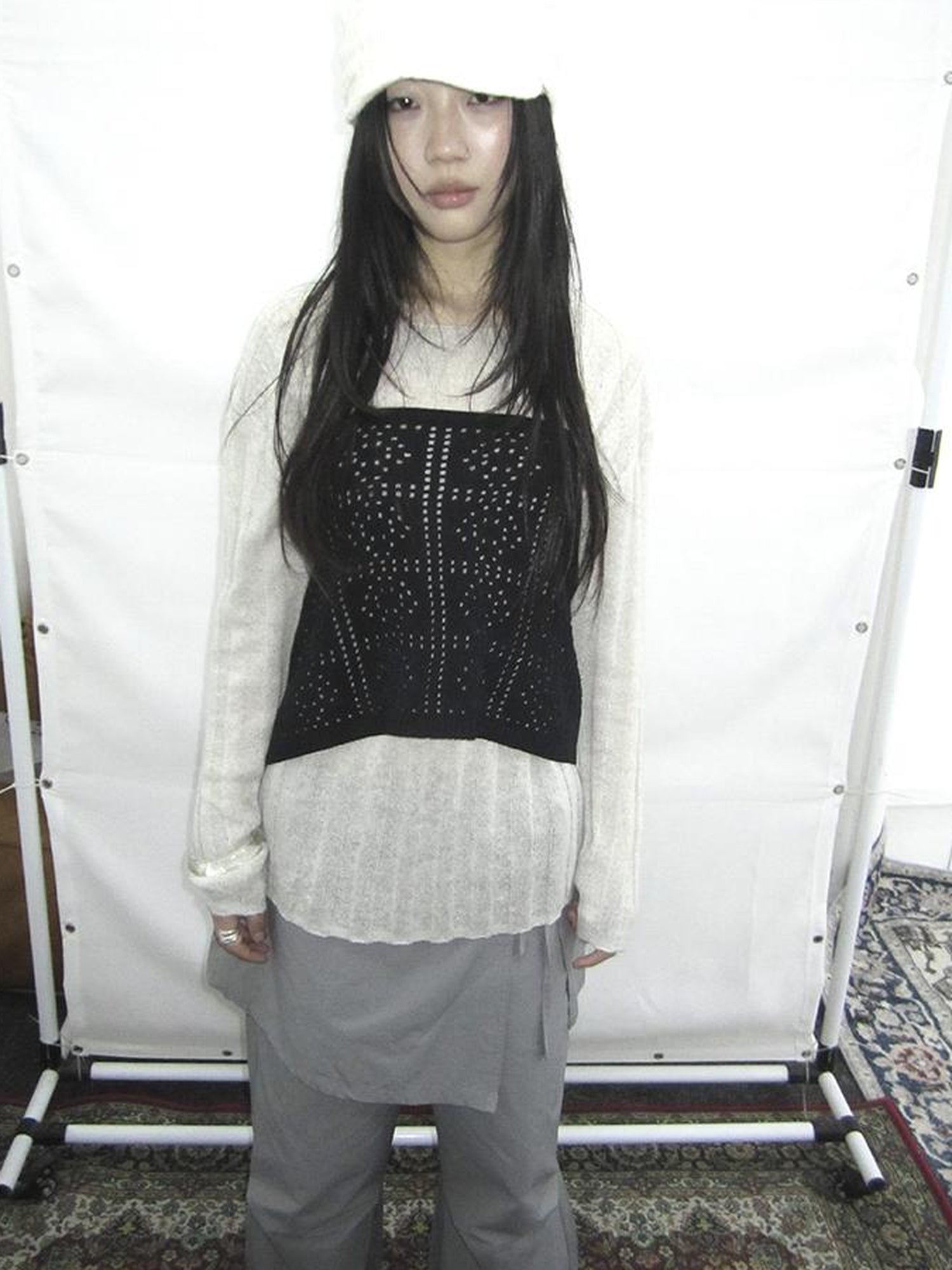Updateang project Retro V-Neck Double Layer Knit Crossover Bodysuit With Lace Up
