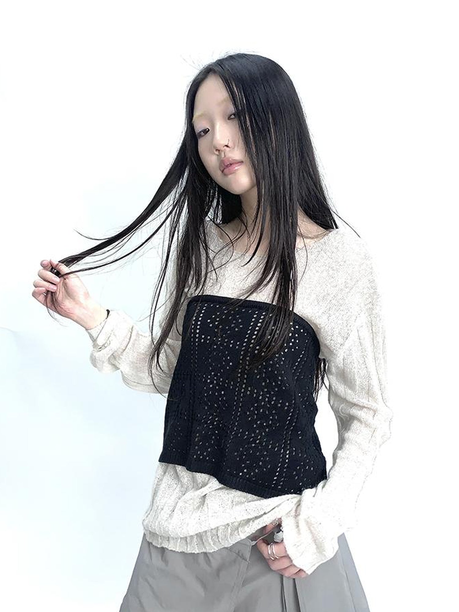 Updateang project Retro V-Neck Double Layer Knit Crossover Bodysuit With Lace Up