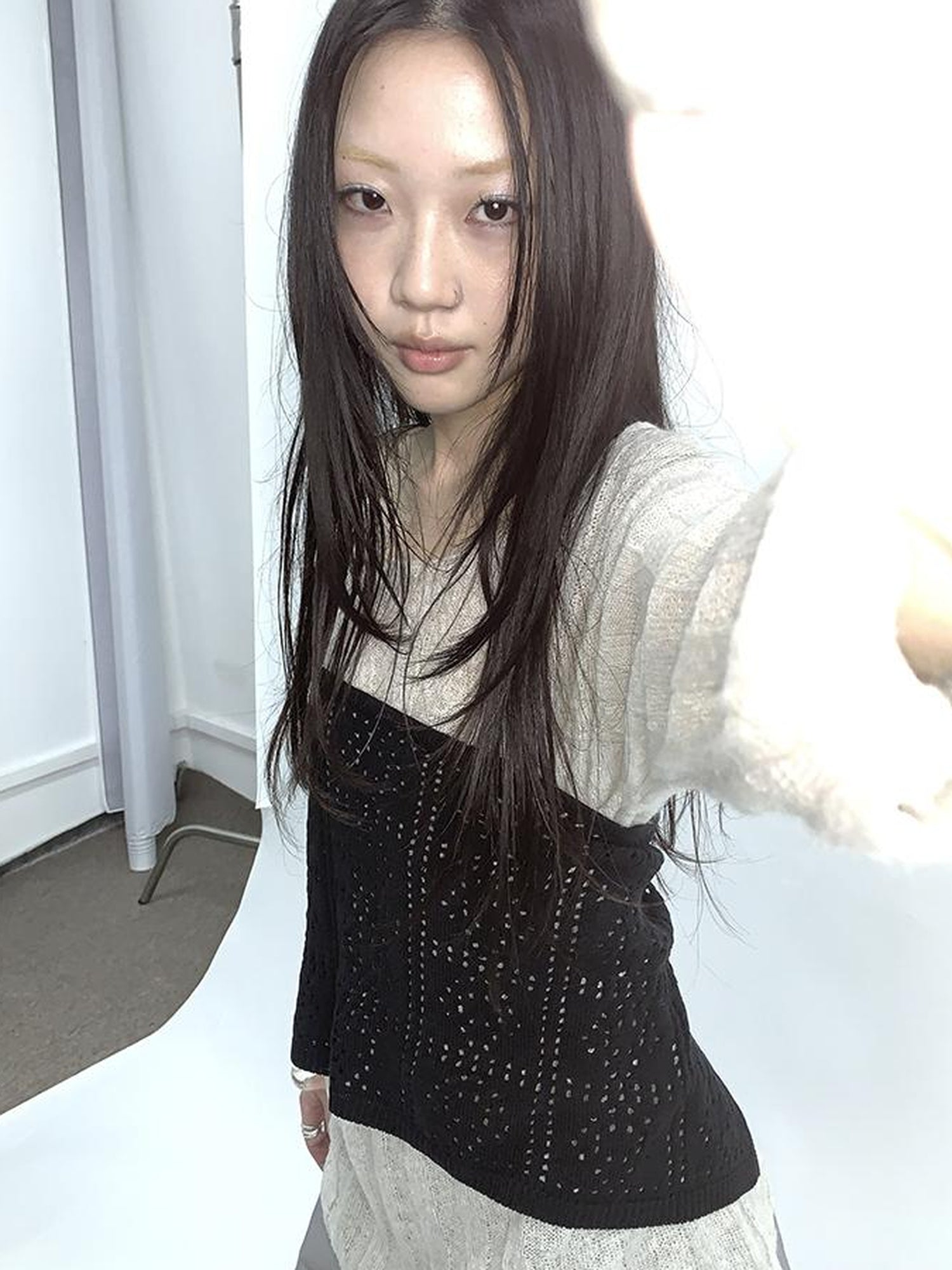 Updateang project Retro V-Neck Double Layer Knit Crossover Bodysuit With Lace Up