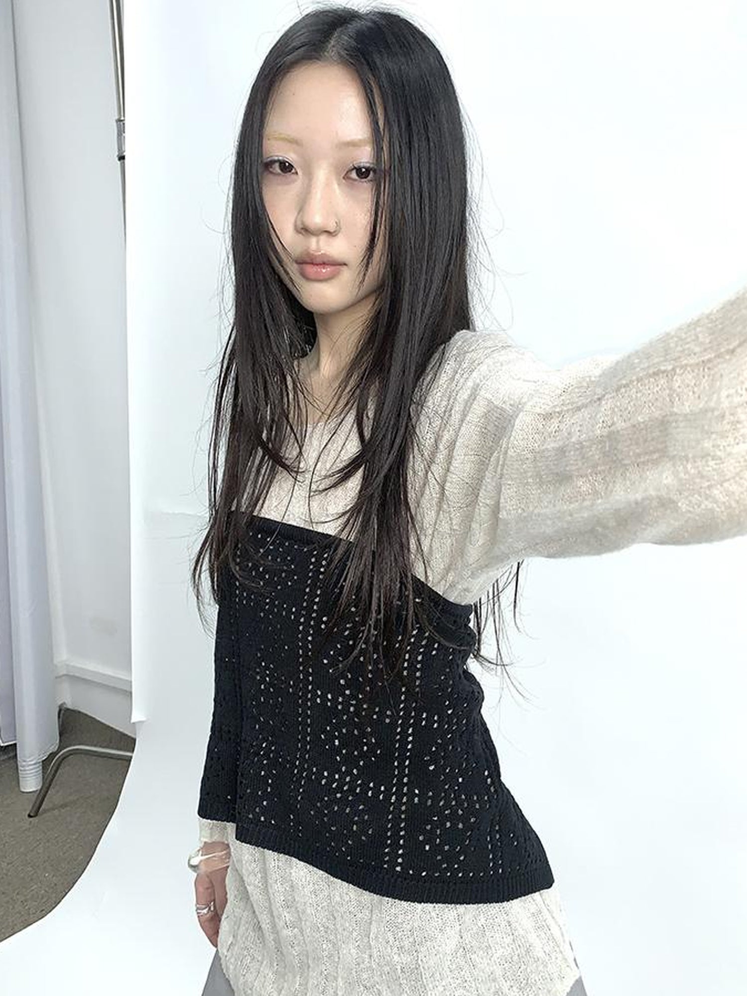 Updateang project Retro V-Neck Double Layer Knit Crossover Bodysuit With Lace Up