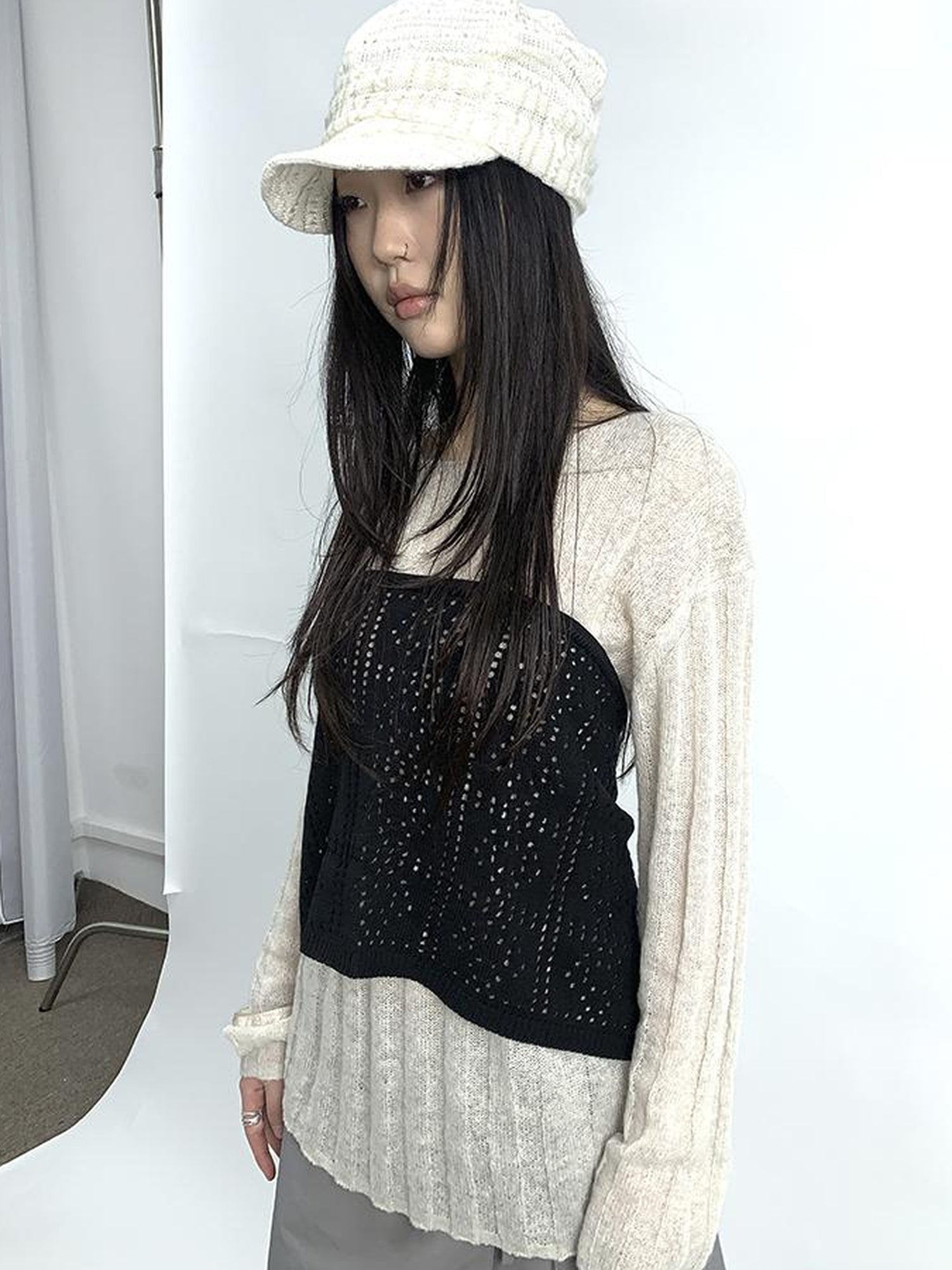 Updateang project Retro V-Neck Double Layer Knit Crossover Bodysuit With Lace Up