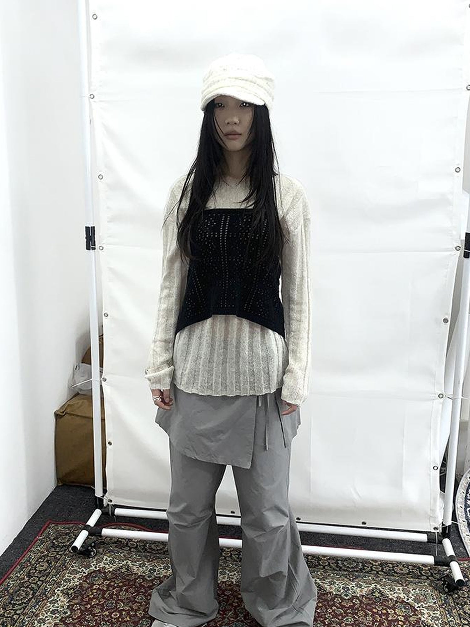 Updateang project Retro V-Neck Double Layer Knit Crossover Bodysuit With Lace Up