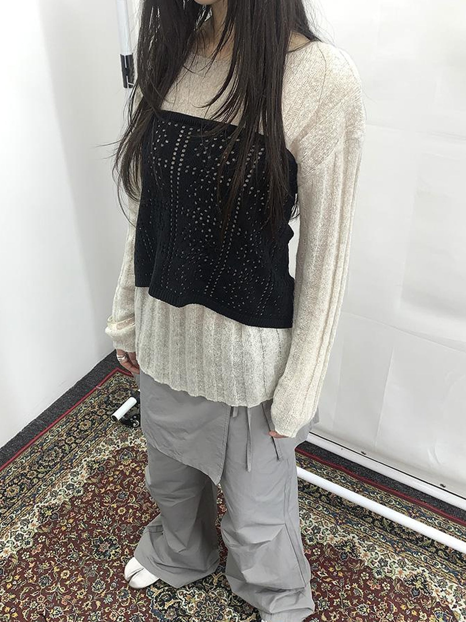 Updateang project Retro V-Neck Double Layer Knit Crossover Bodysuit With Lace Up