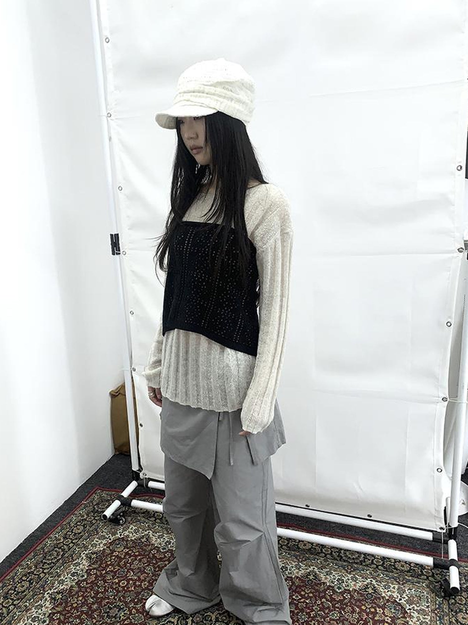 Updateang project Retro V-Neck Double Layer Knit Crossover Bodysuit With Lace Up