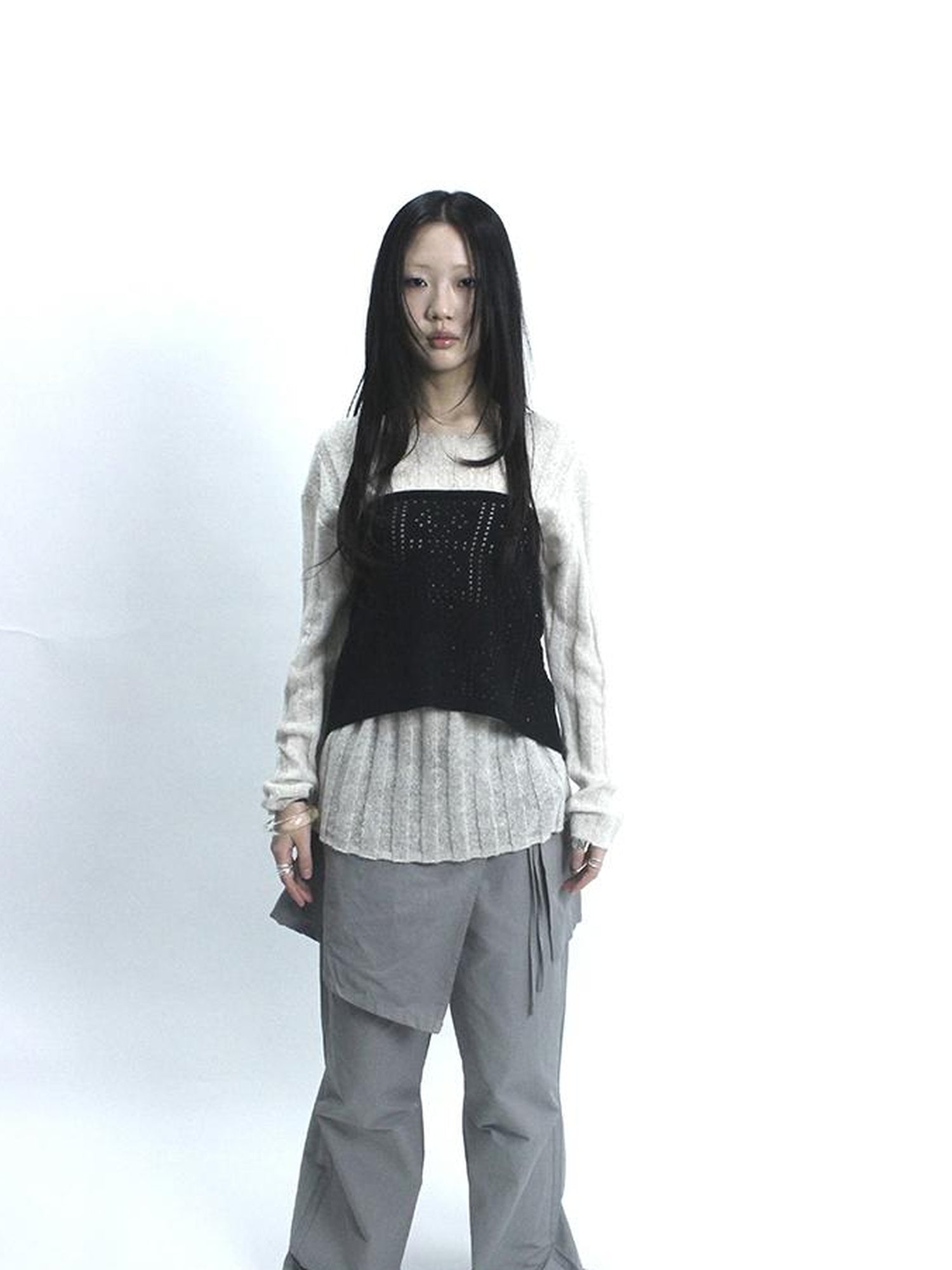 Updateang project Retro V-Neck Double Layer Knit Crossover Bodysuit With Lace Up