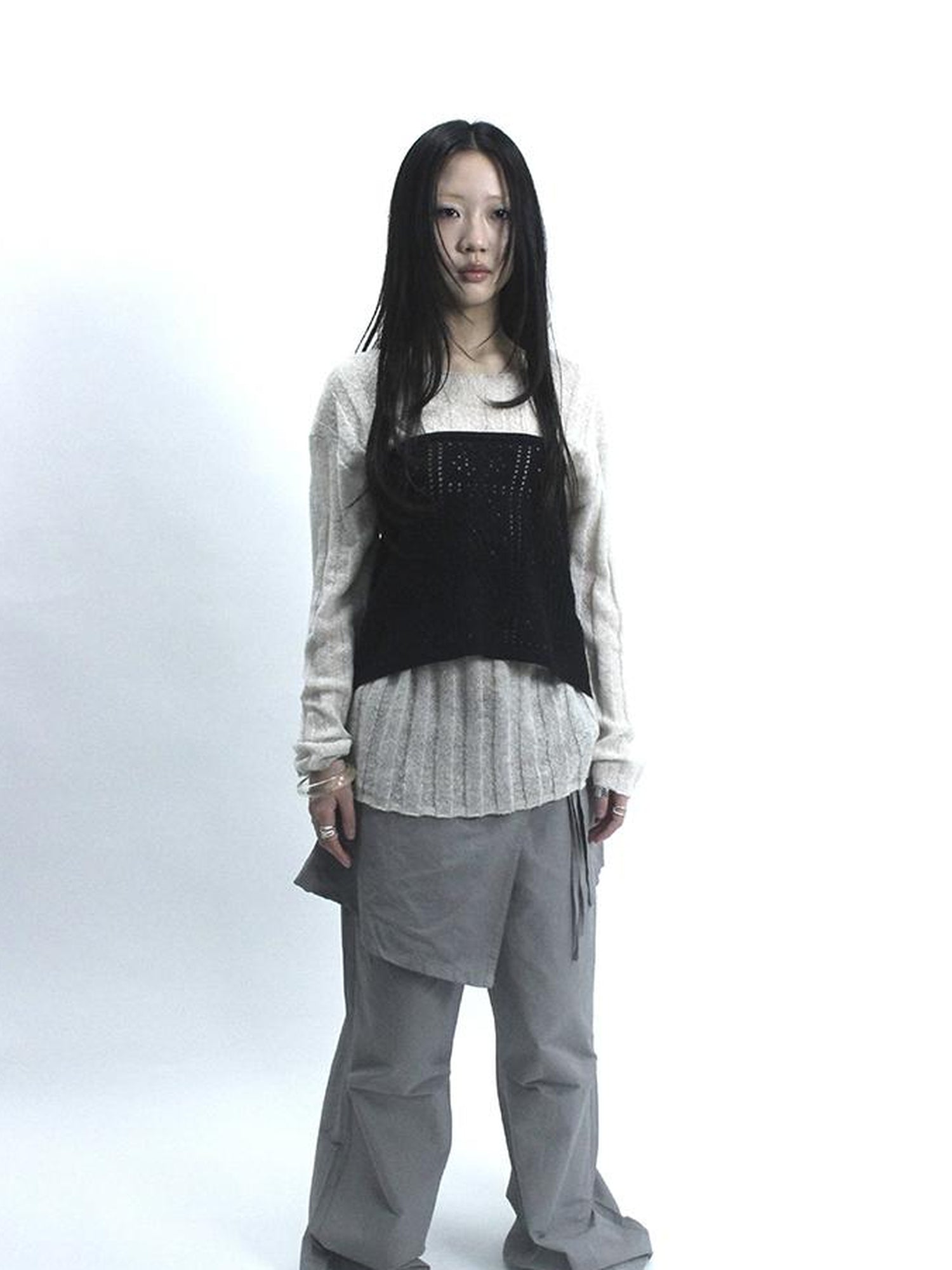 Updateang project Retro V-Neck Double Layer Knit Crossover Bodysuit With Lace Up