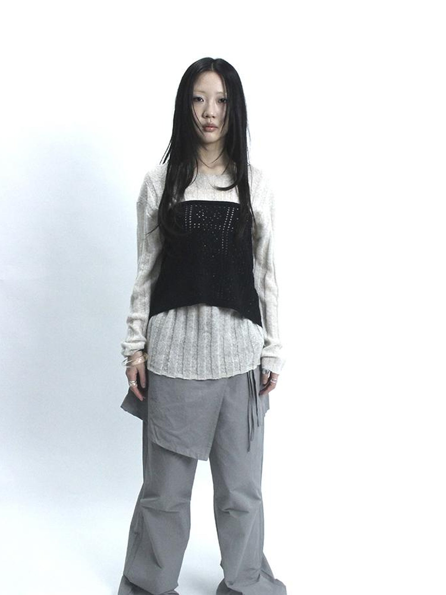Updateang project Retro V-Neck Double Layer Knit Crossover Bodysuit With Lace Up