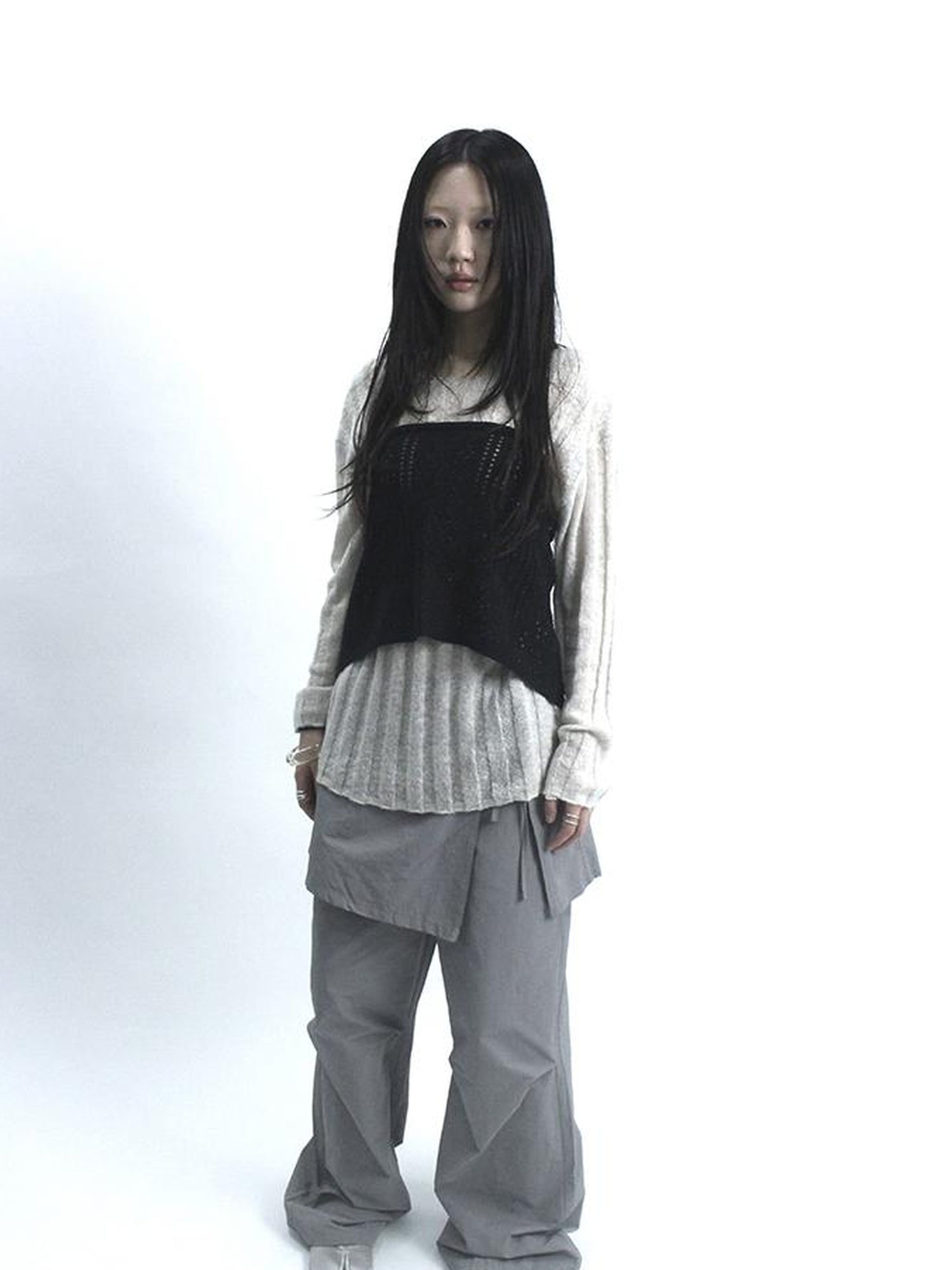 Updateang project Retro V-Neck Double Layer Knit Crossover Bodysuit With Lace Up